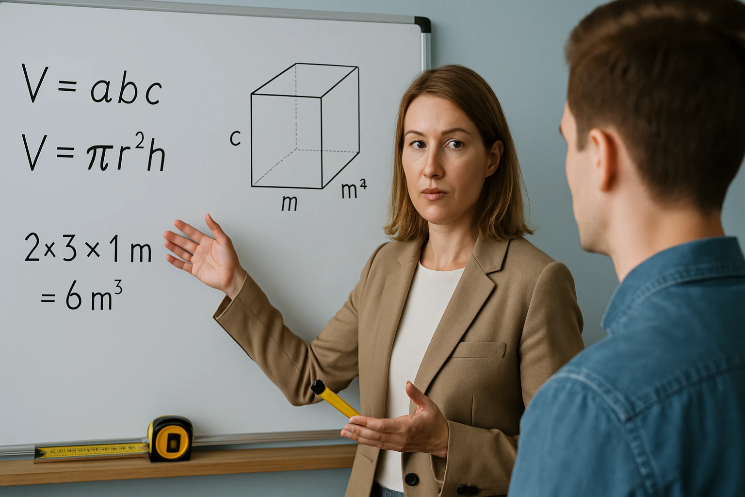 Egy tanárnő geometriai képleteket magyaráz egy diák számára.