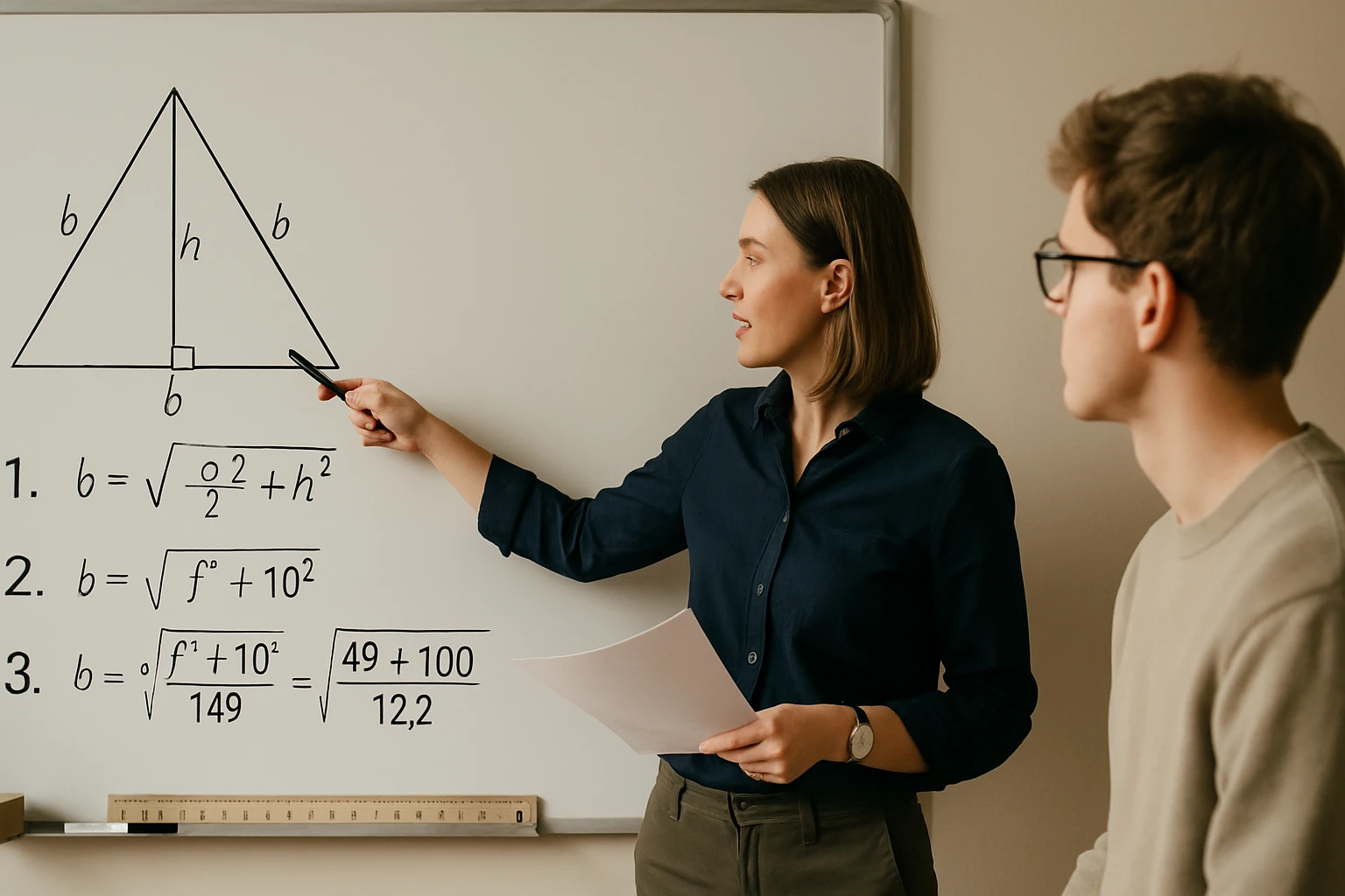 Egy tanár geometriai képletet magyaráz egy diák előtt, táblán.