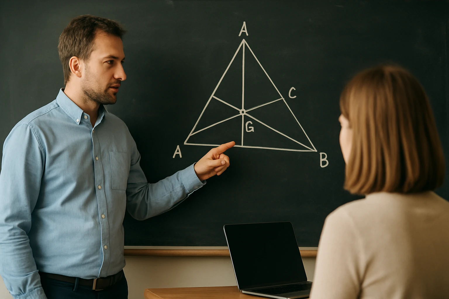 Egy tanár geometriai ábrát magyaráz egy diák számára, fekete táblán.