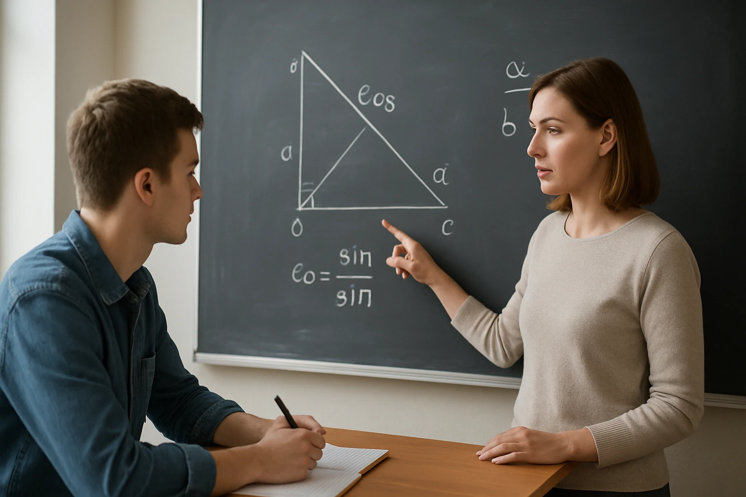 Egy tanárnő geometriai ábrát magyaráz egy diák számára az osztályteremben.