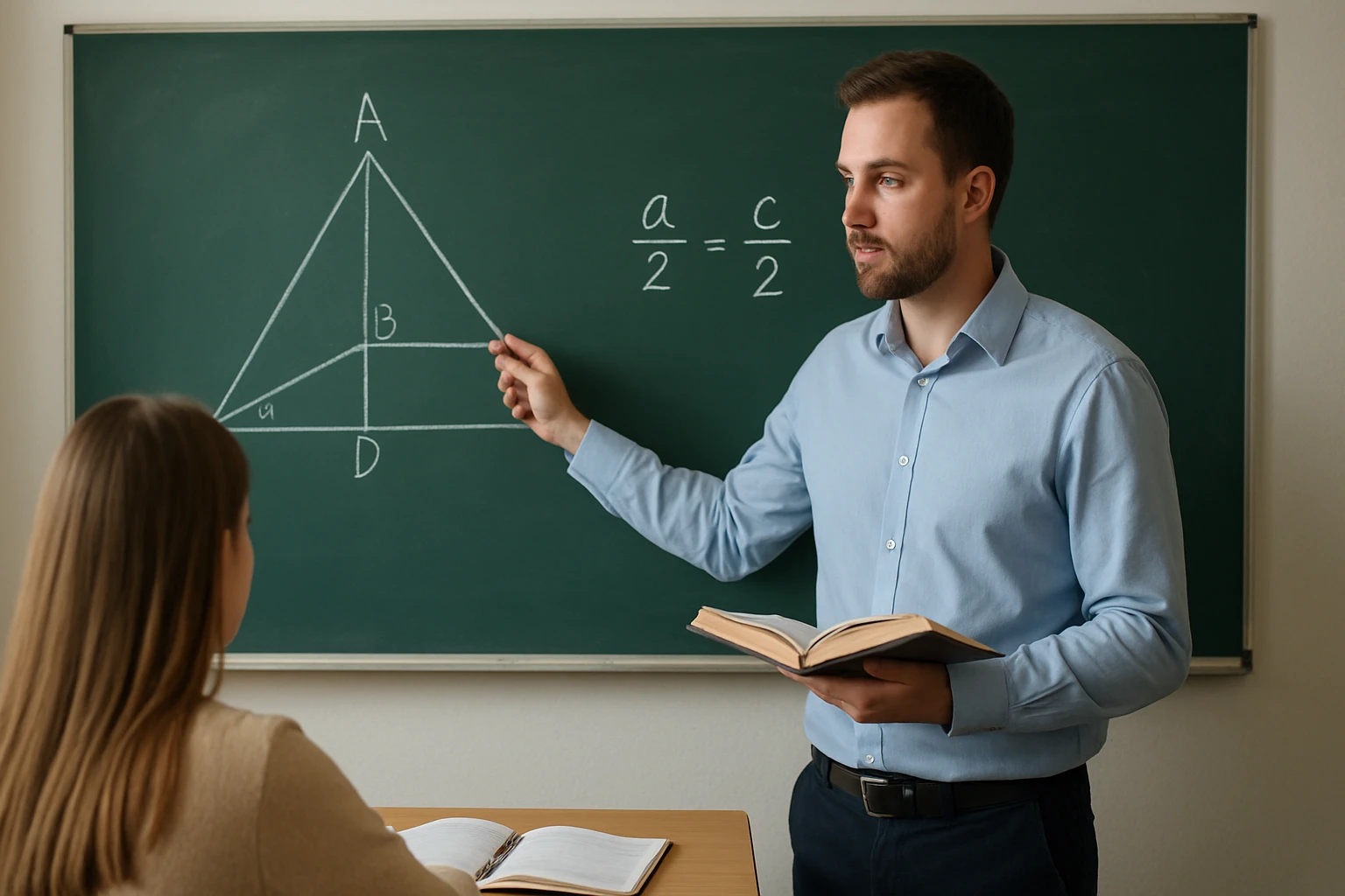 Egy tanár geometriai ábrát magyaráz a diákjának az osztályteremben.