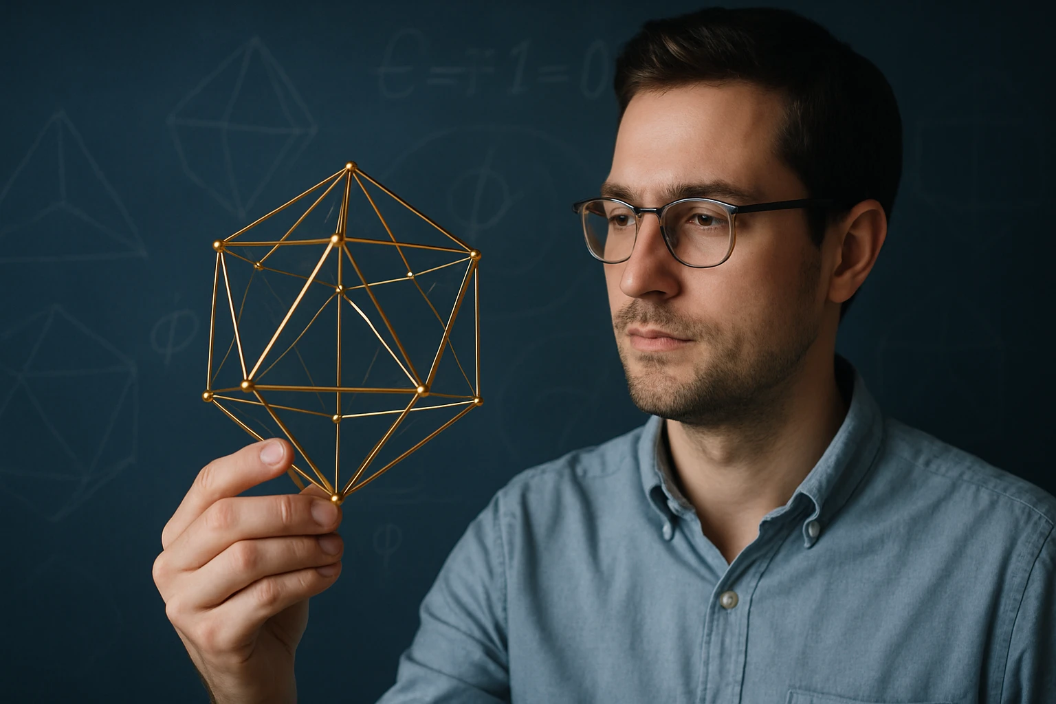 Egy férfi arany színű geometriai modellt tart a kezében, háttérben matematikai képletek.