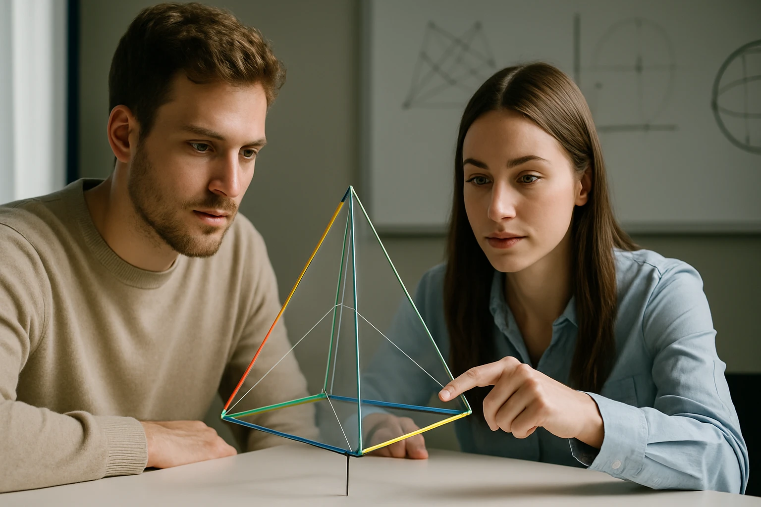 Két fiatal ember egy színes háromdimenziós geometriai modell fölött tanakodik.