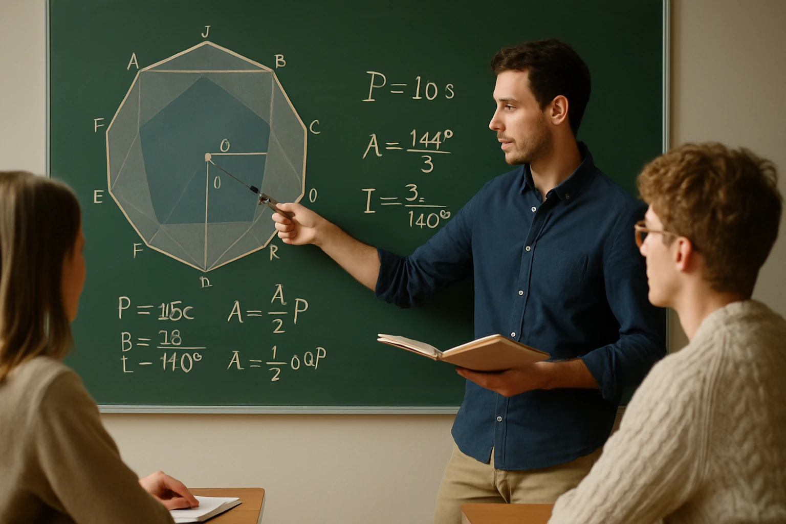 Egy tanár geometriai alakzatot magyaráz a táblán, diákok figyelnek.