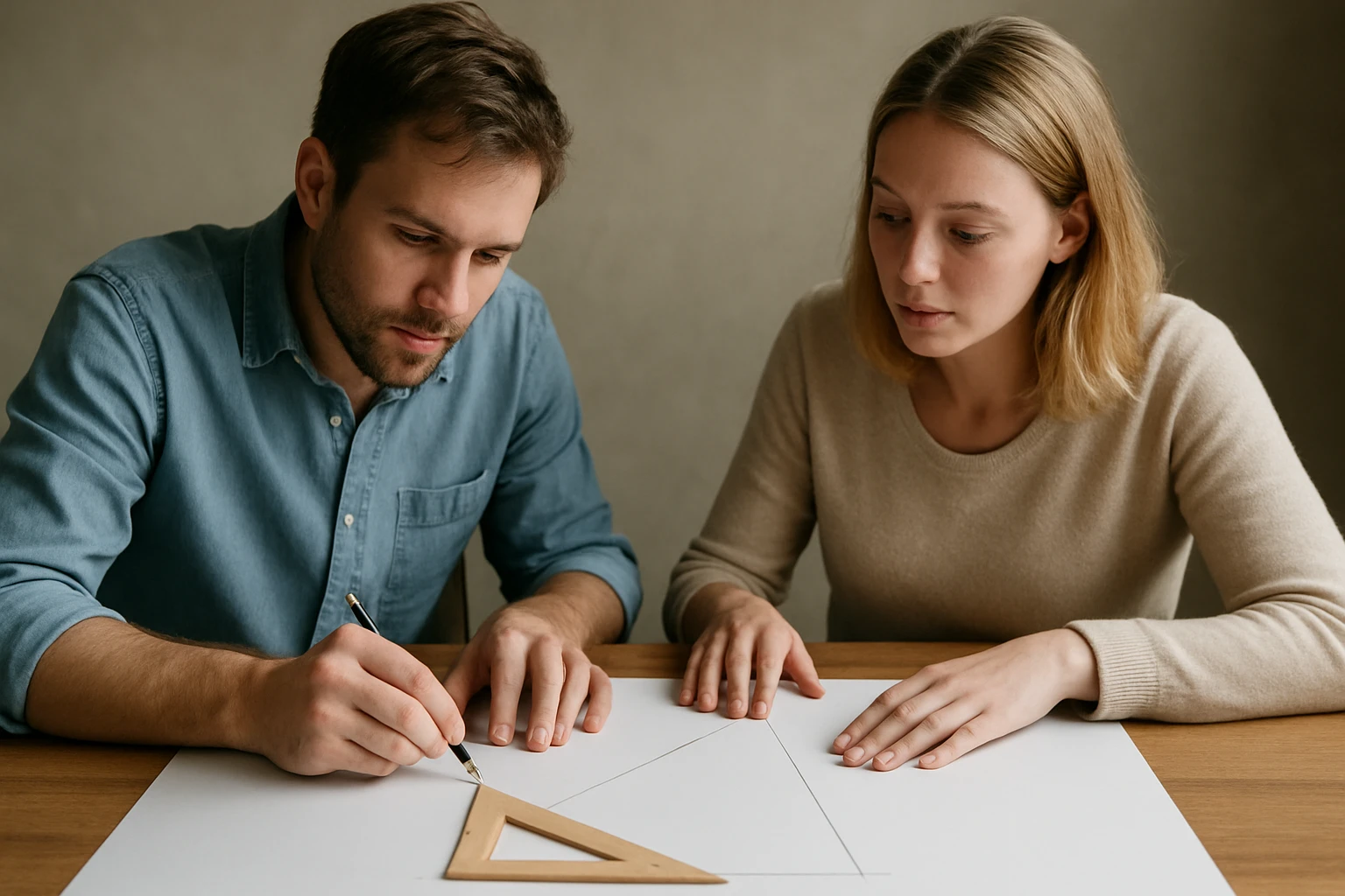Két fiatal ember egy asztalnál, geometriai formát rajzolnak vonalzóval.