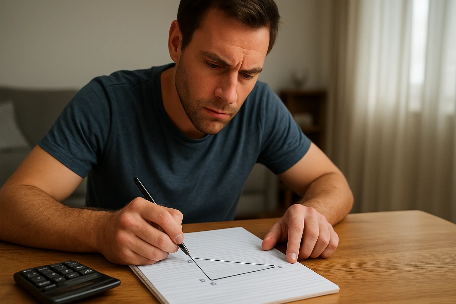 Egy férfi geometriai ábrát rajzol egy jegyzetfüzetbe, koncentrált arccal.