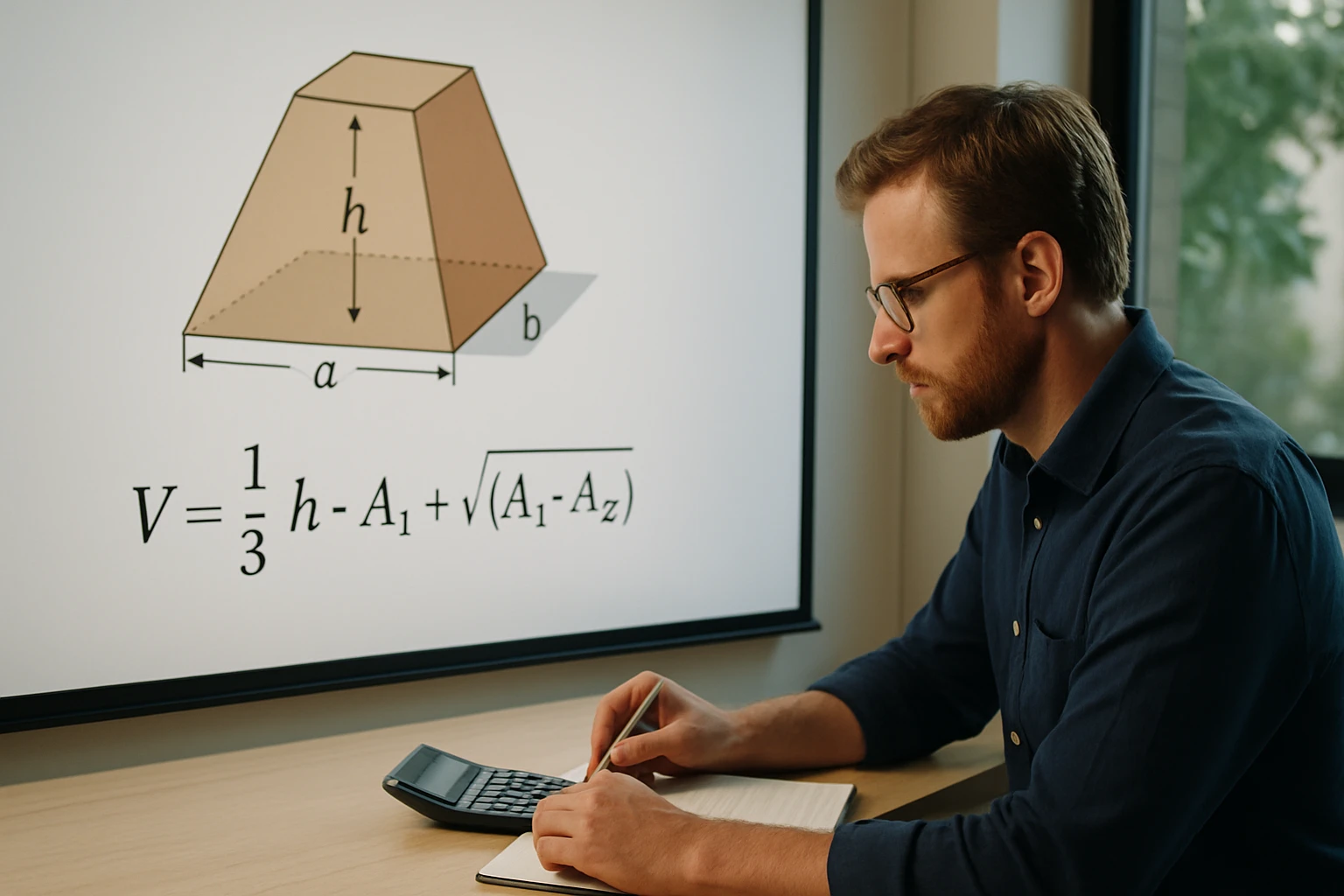 Egy férfi egy asztalnál ül, számológépet és jegyzetfüzetet használva, a háttérben egy geometriai ábra látható.