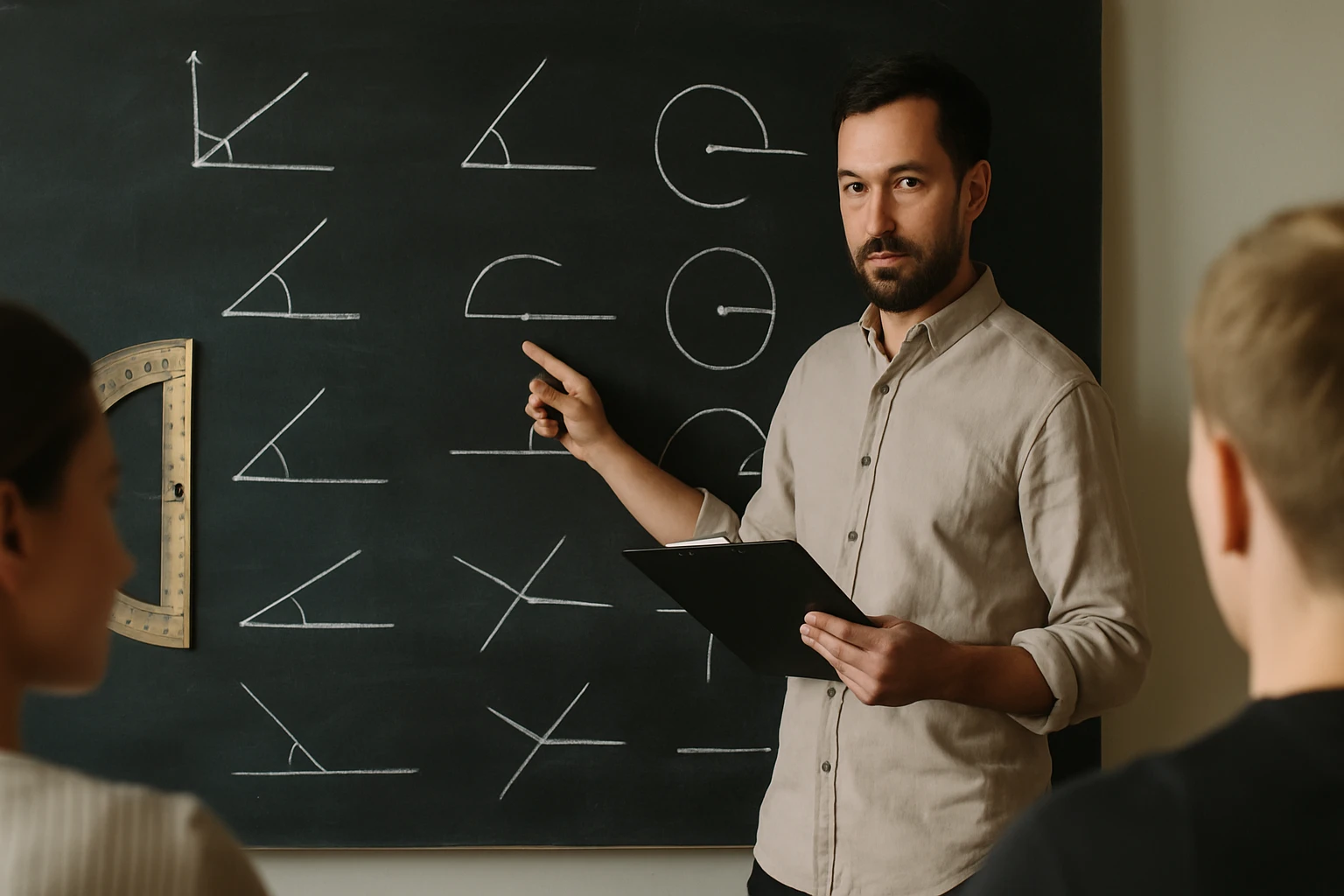 Egy tanár geometriai ábrákat mutat a táblán, diákok figyelnek rá.