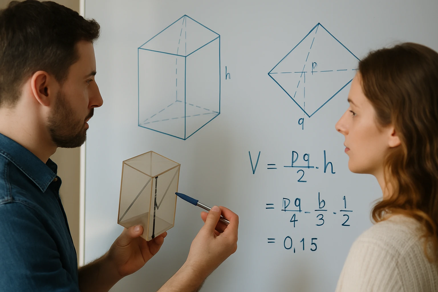 Két ember egy átlátszó geometriai testet tart, miközben matematikai képleteket magyaráznak.