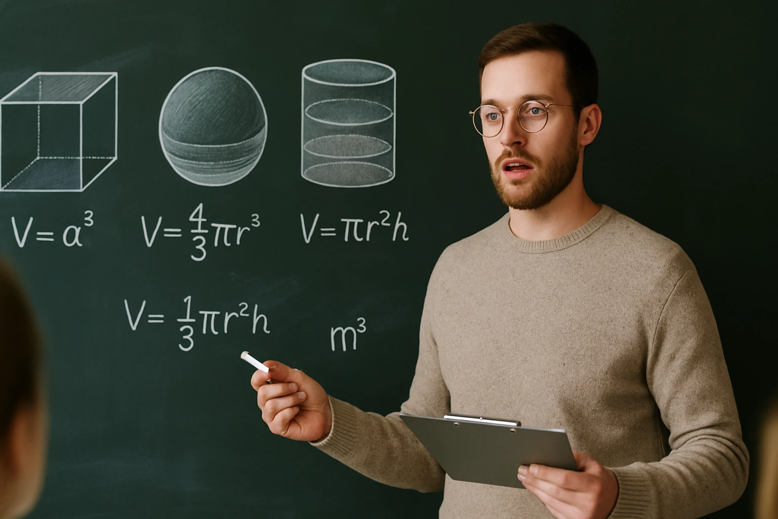 Egy tanár a táblán geometriai testek térfogatának képleteit magyarázza.