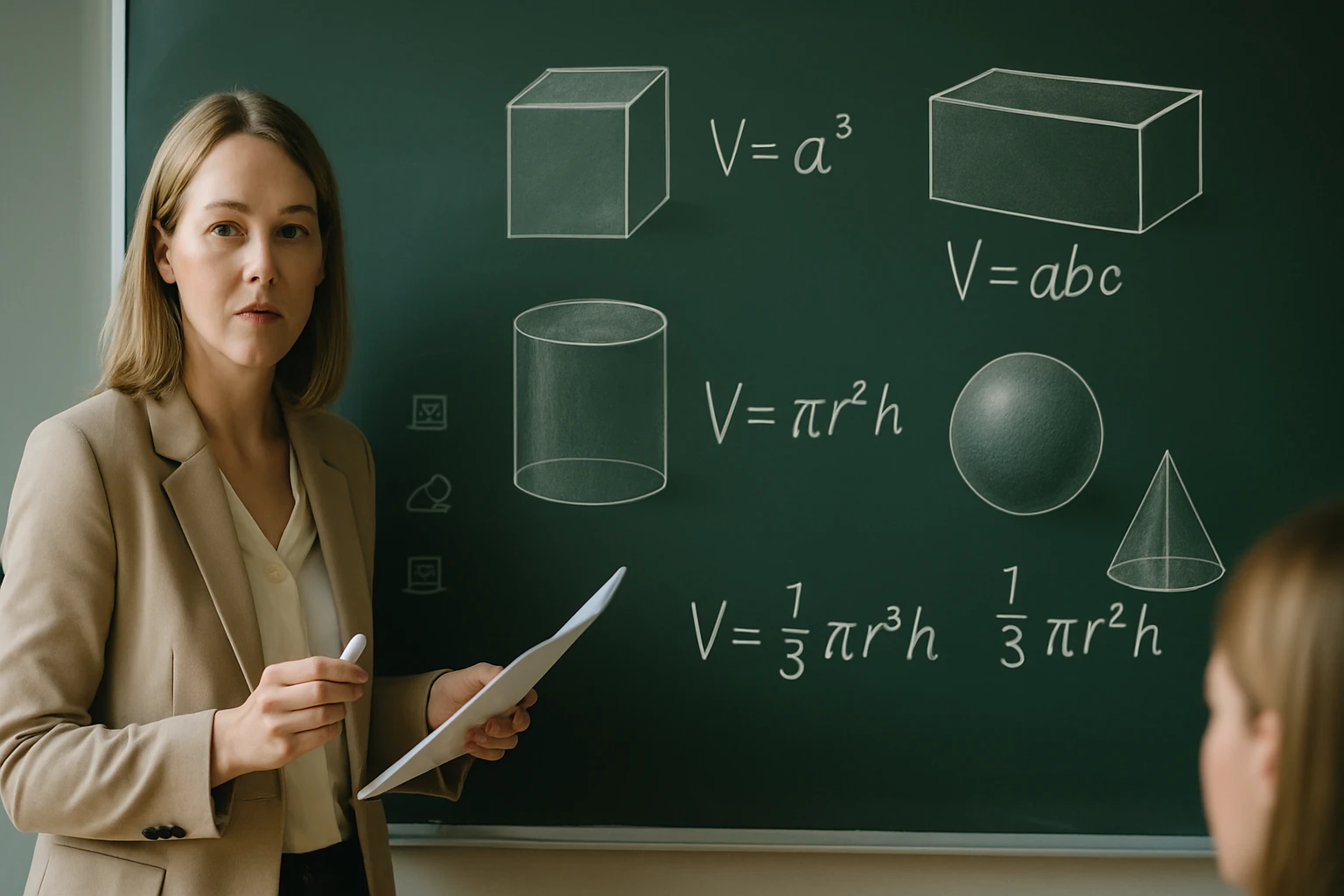 Egy tanárnő a táblán geometriai testek térfogatának képleteit mutatja be.