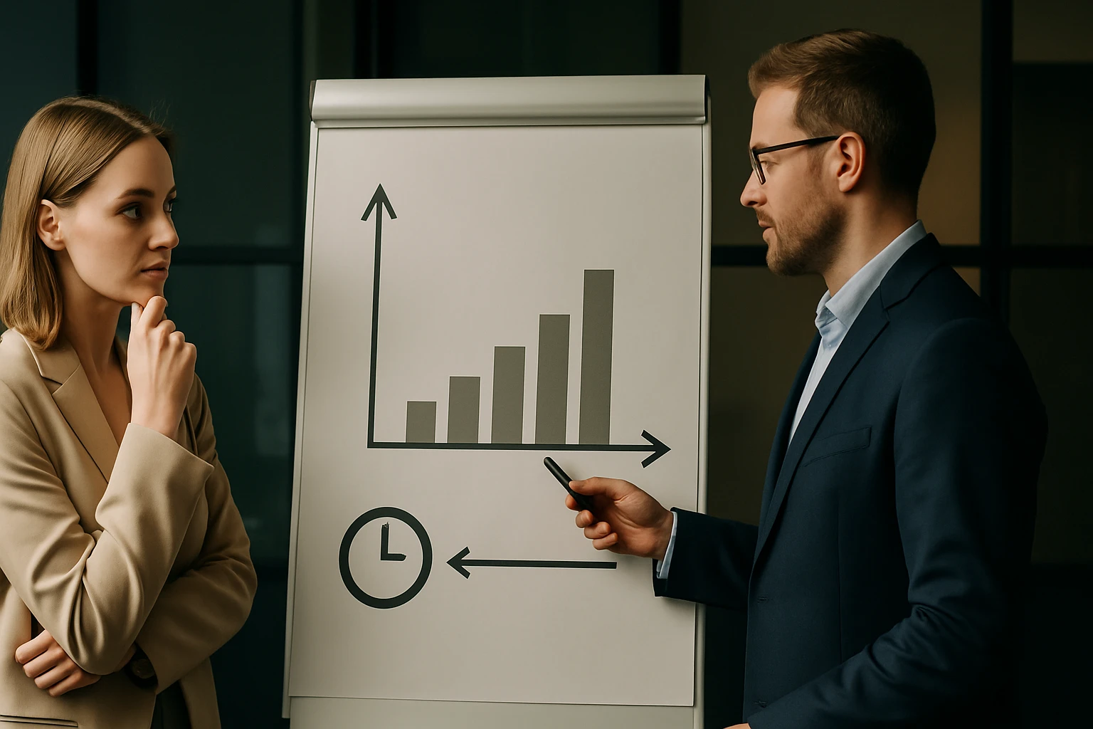 Egy férfi és egy nő beszélget egy grafikon előtt, amely növekedést mutat.