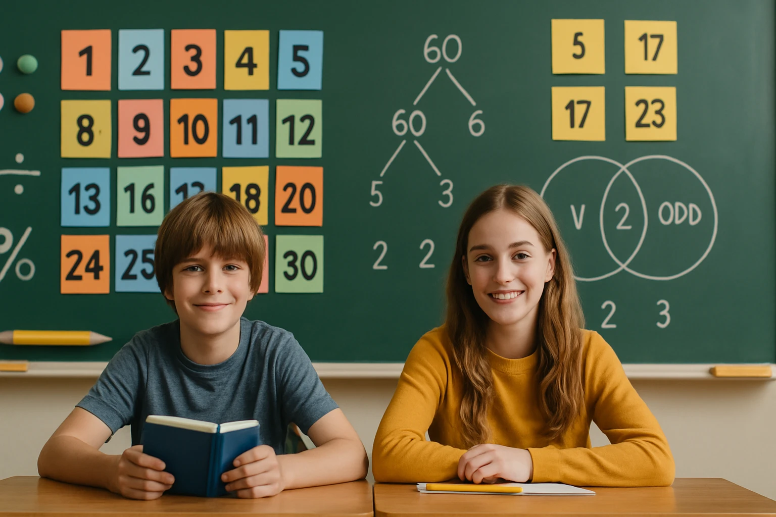 Két gyerek ül egy asztalnál, háttérben színes számok és matematikai ábrák láthatók.