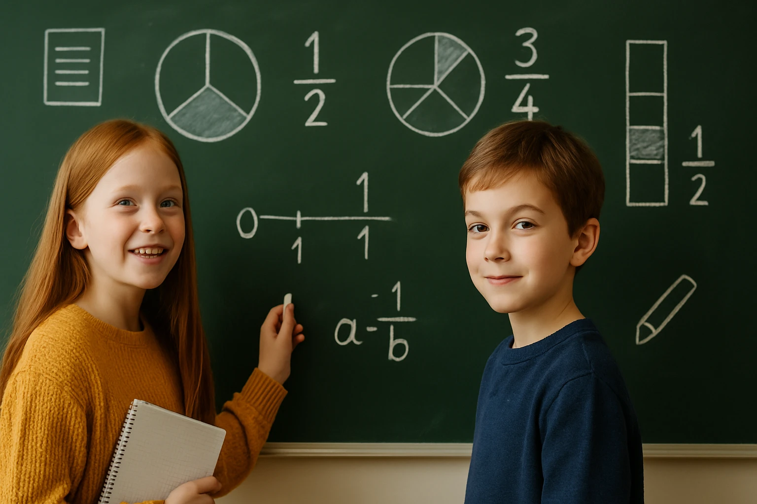 Két gyermek mosolyogva áll a táblánál, matematikai feladatokat oldanak meg.