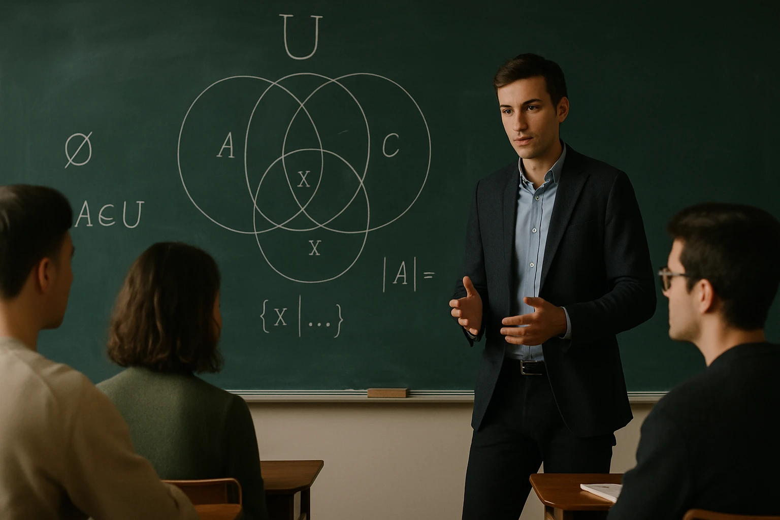 Egy fiatal tanár magyaráz a diákoknak a halmazelmélet alapjairól.