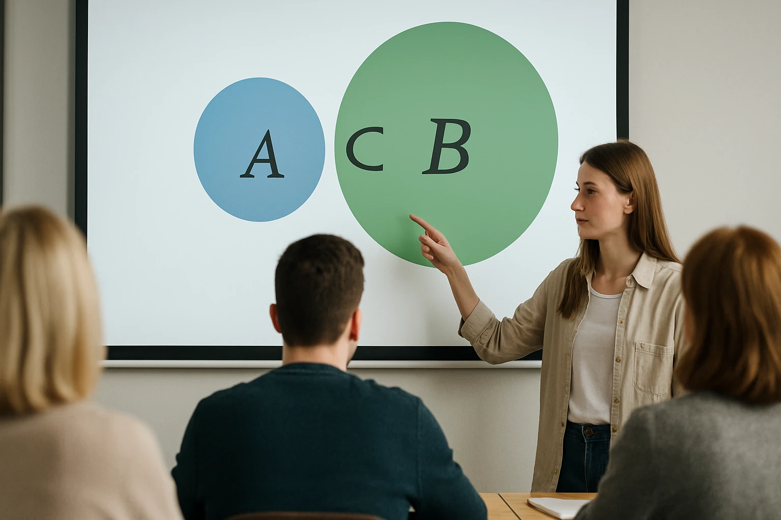 Egy nő egy prezentáción mutat be halmazokat A és B jelöléssel.