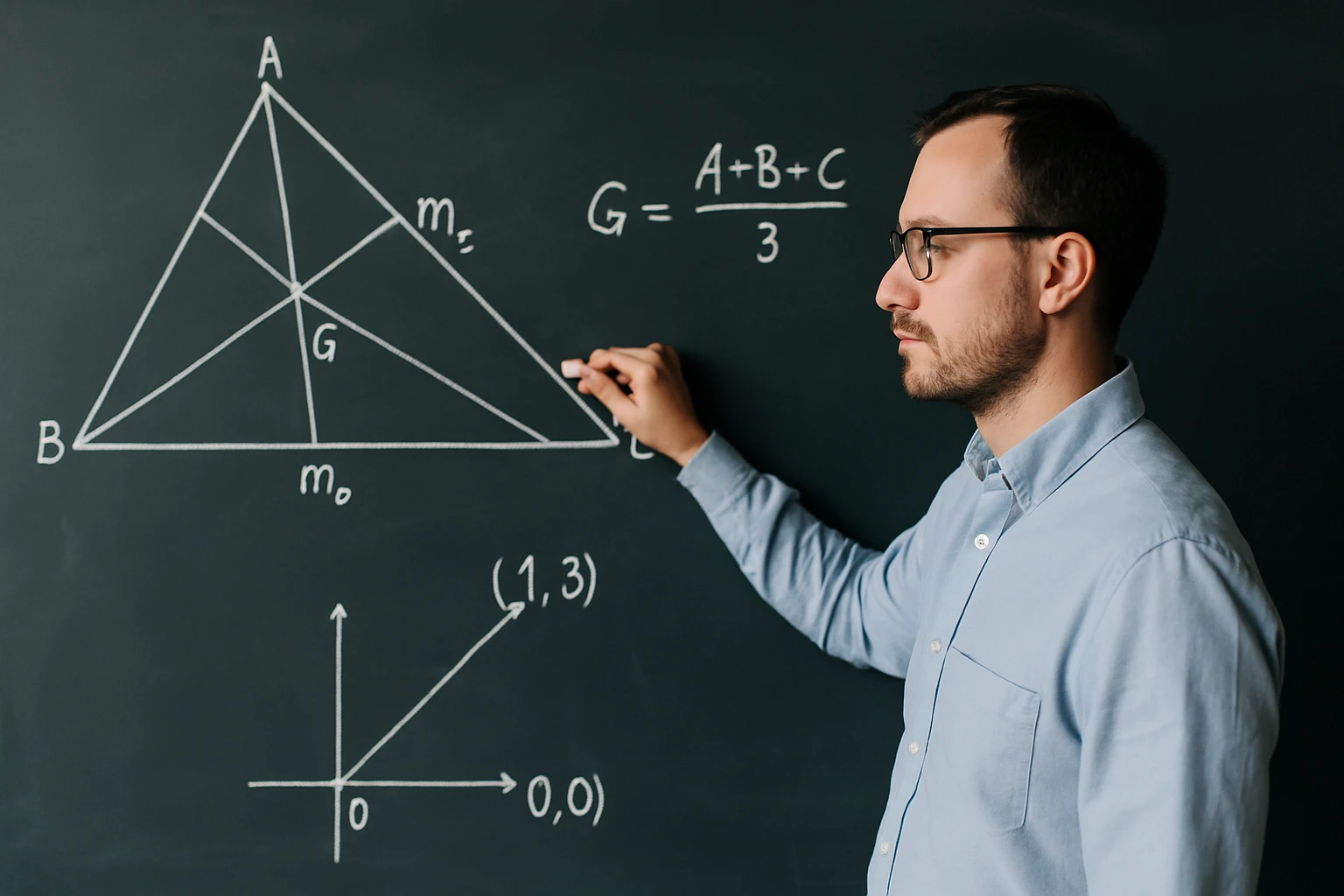 Egy férfi a táblán egy háromszöget és koordináta-rendszert rajzol.