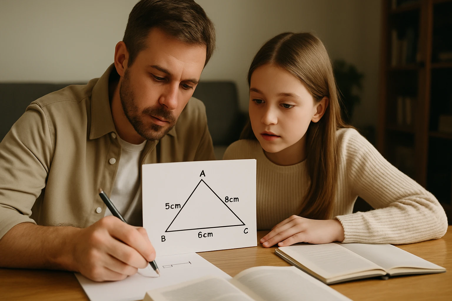 Egy felnőtt és egy gyermek közösen tanulmányoz egy háromszöget, amelynek oldalai 5 cm, 6 cm és 8 cm.