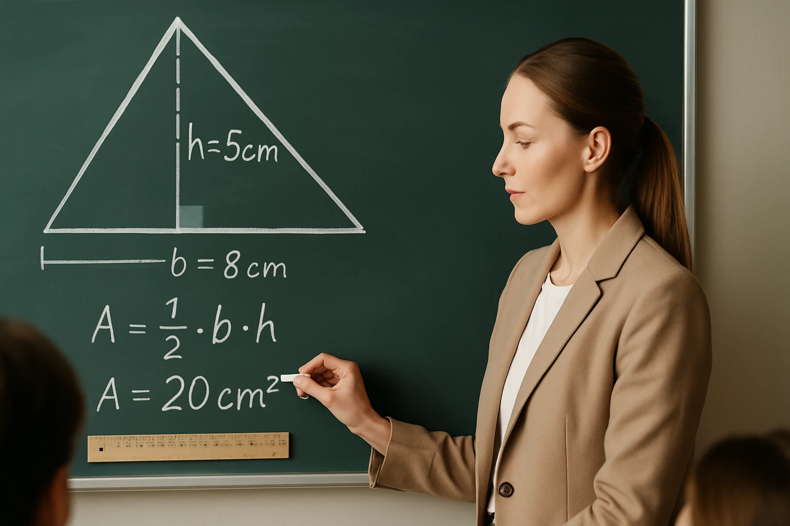 Egy tanárnő egy zöld táblán egy háromszög területét számolja.
