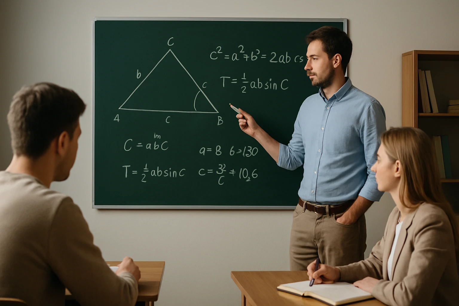 Egy tanár a táblánál, háromszög területét és oldalait magyarázza.