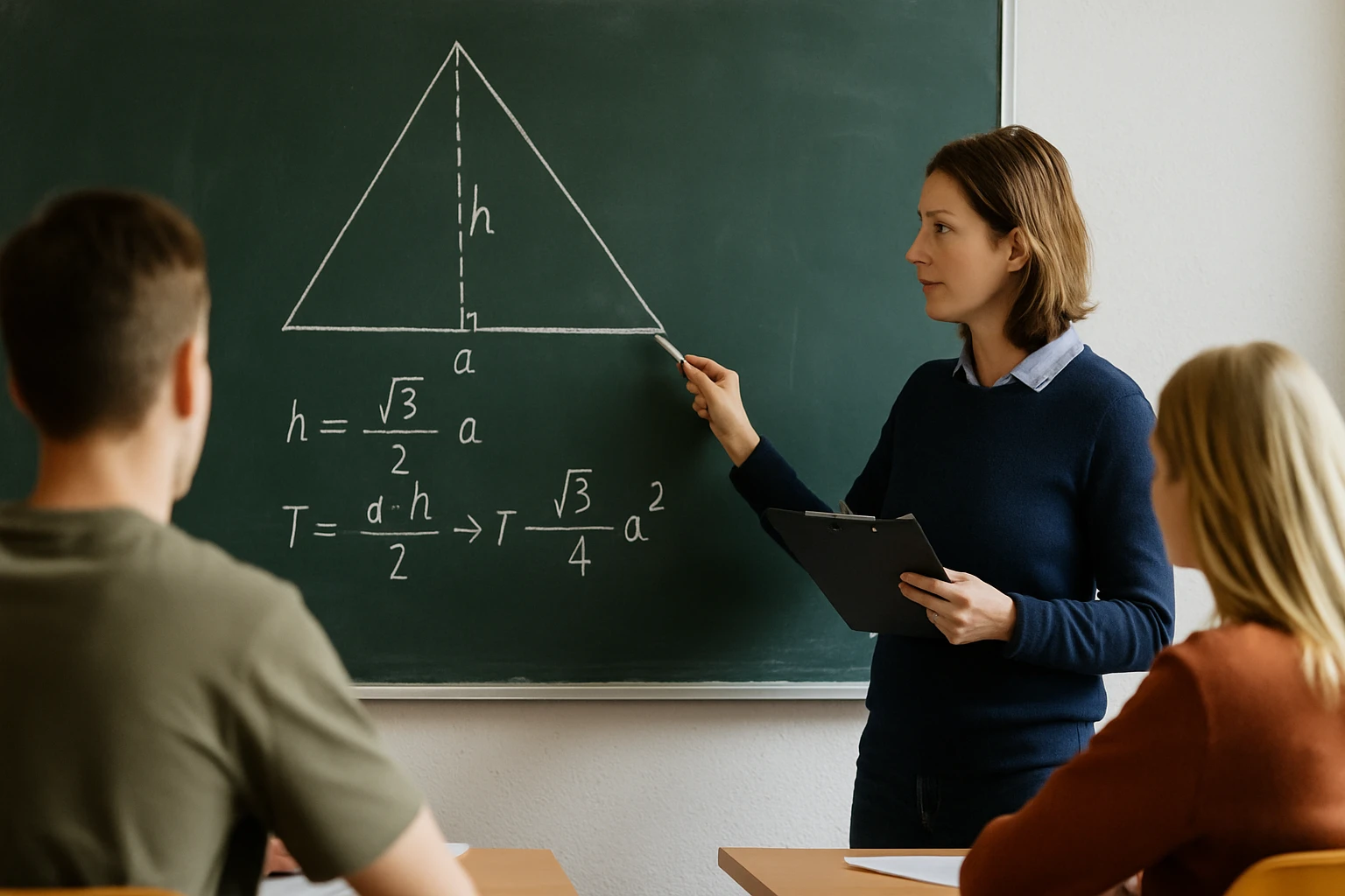 Egy tanár a táblánál egy háromszög magasságát és területét magyarázza.