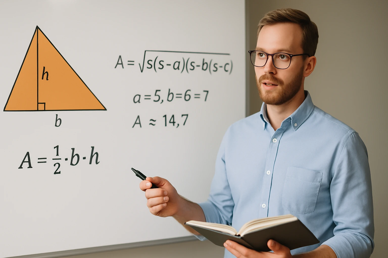 Egy férfi a táblánál, amelyen egy háromszög területének képlete látható.
