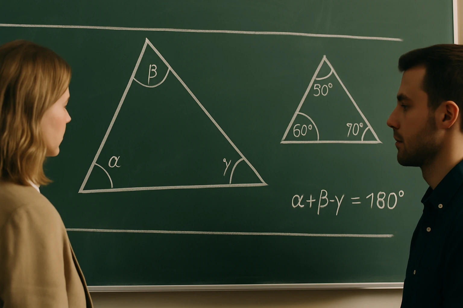 Két háromszög ábrázolása táblán, szögekkel és egyenlettel.