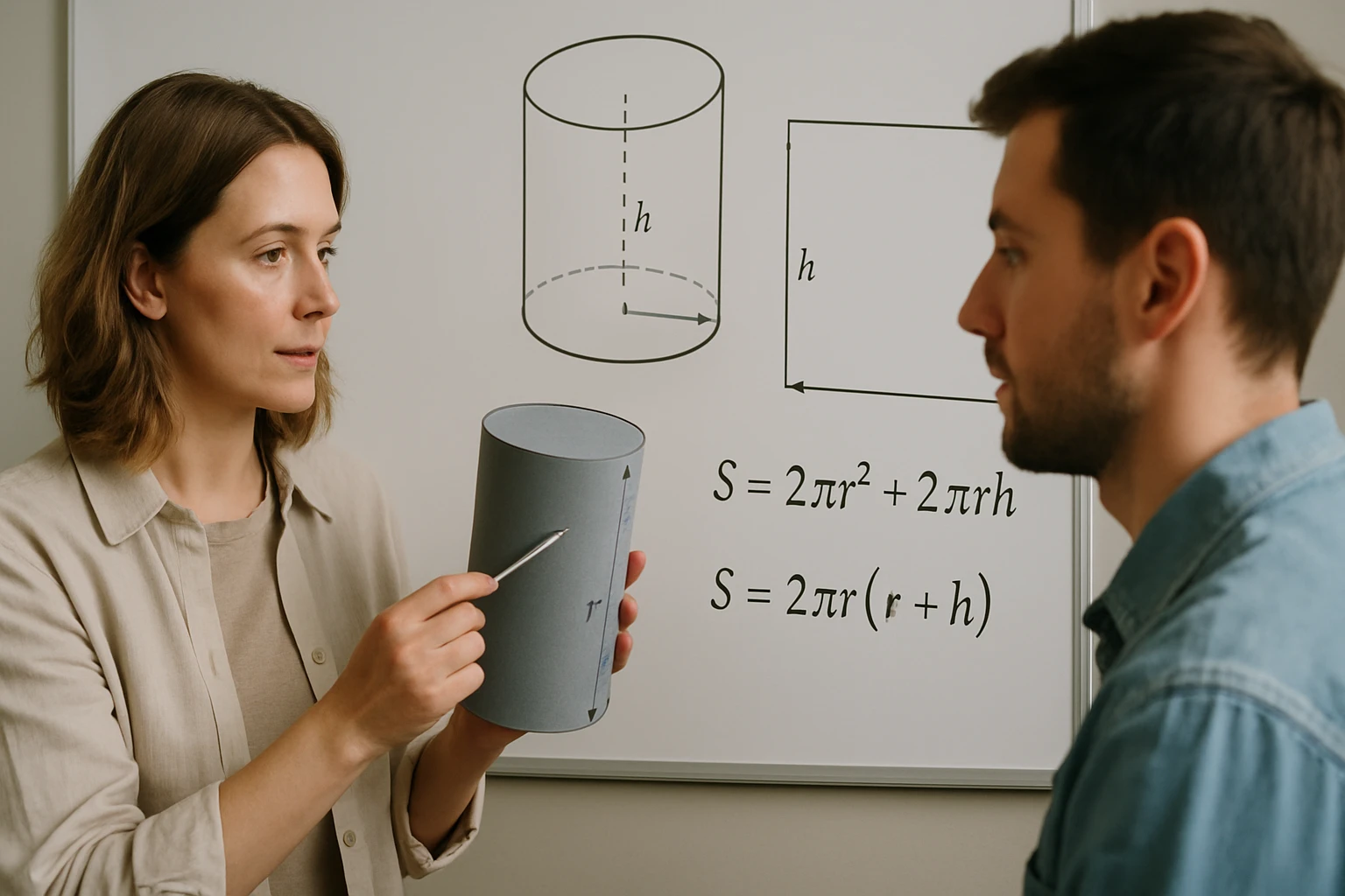 Egy nő egy hengert mutat, miközben a felületének számítását magyarázza.