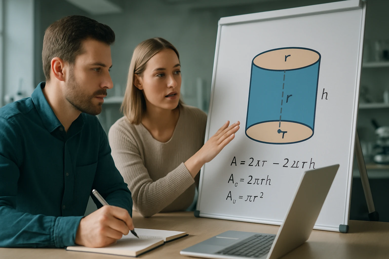 Két fiatal felnőtt egy henger térfogatának és felszínének számítását magyarázza.