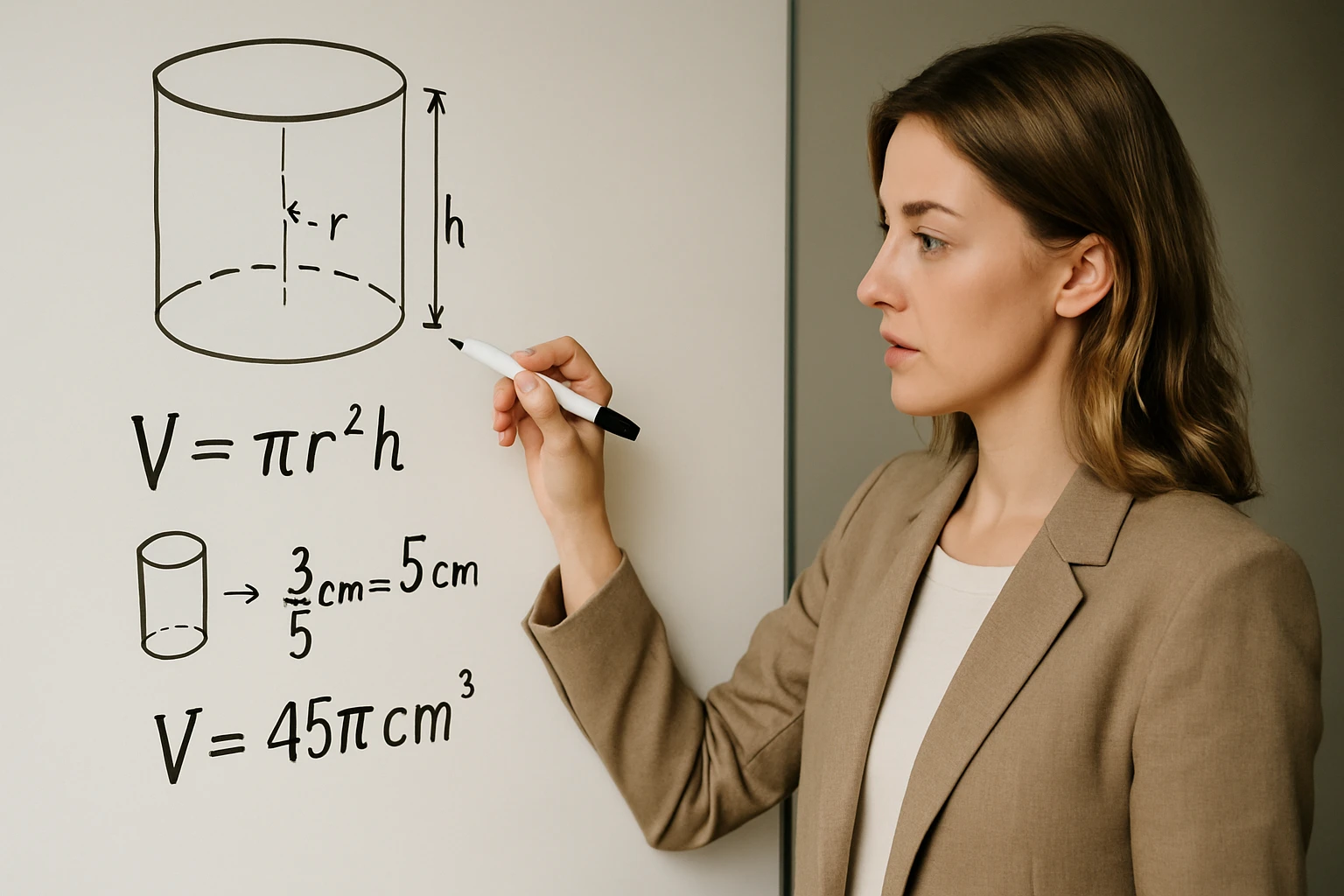 Egy nő egy táblán a henger térfogatának képletét magyarázza.