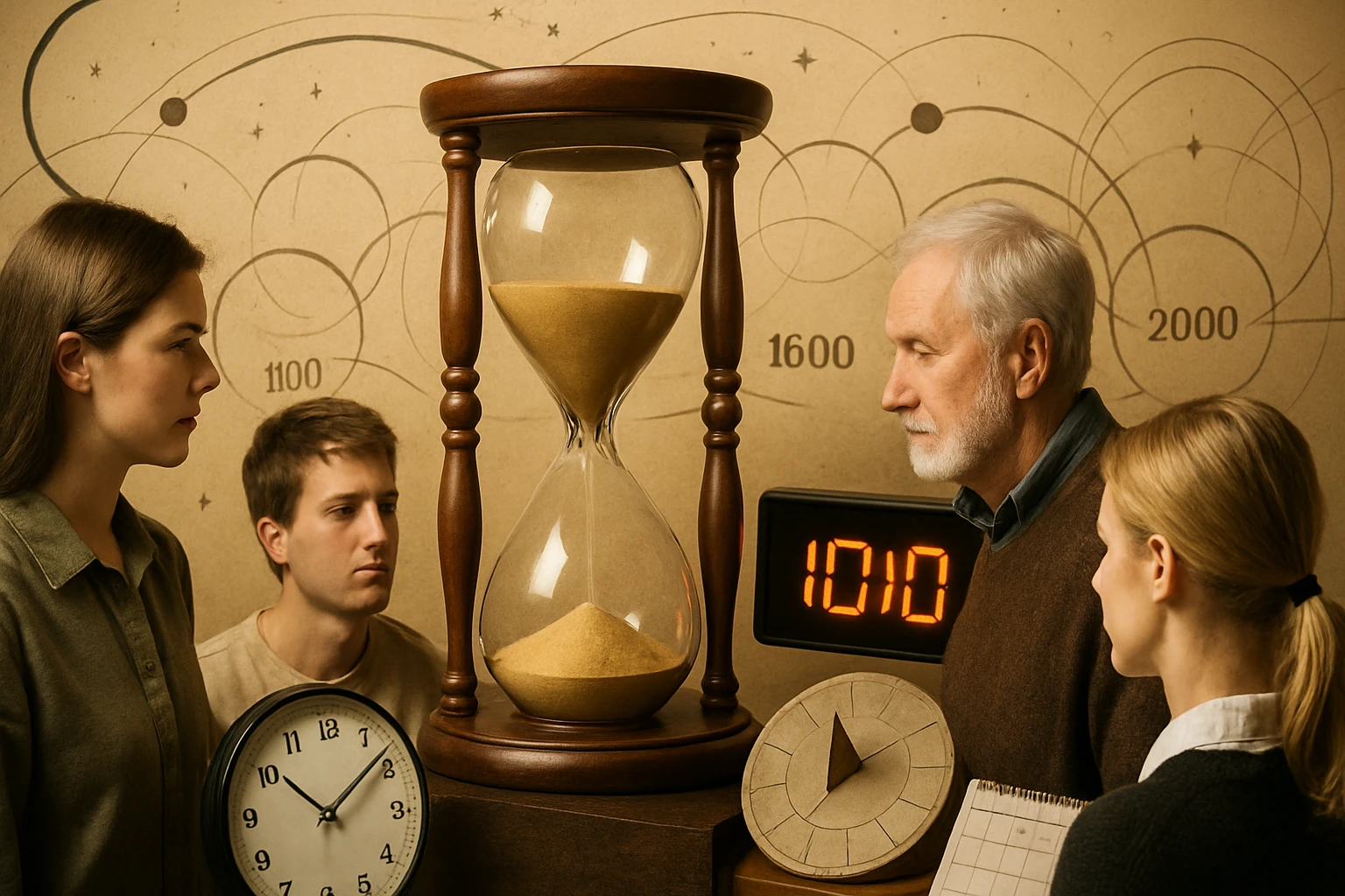 Két fiatal és két idősebb ember egy homokórát figyelnek, különböző időmérő eszközökkel.