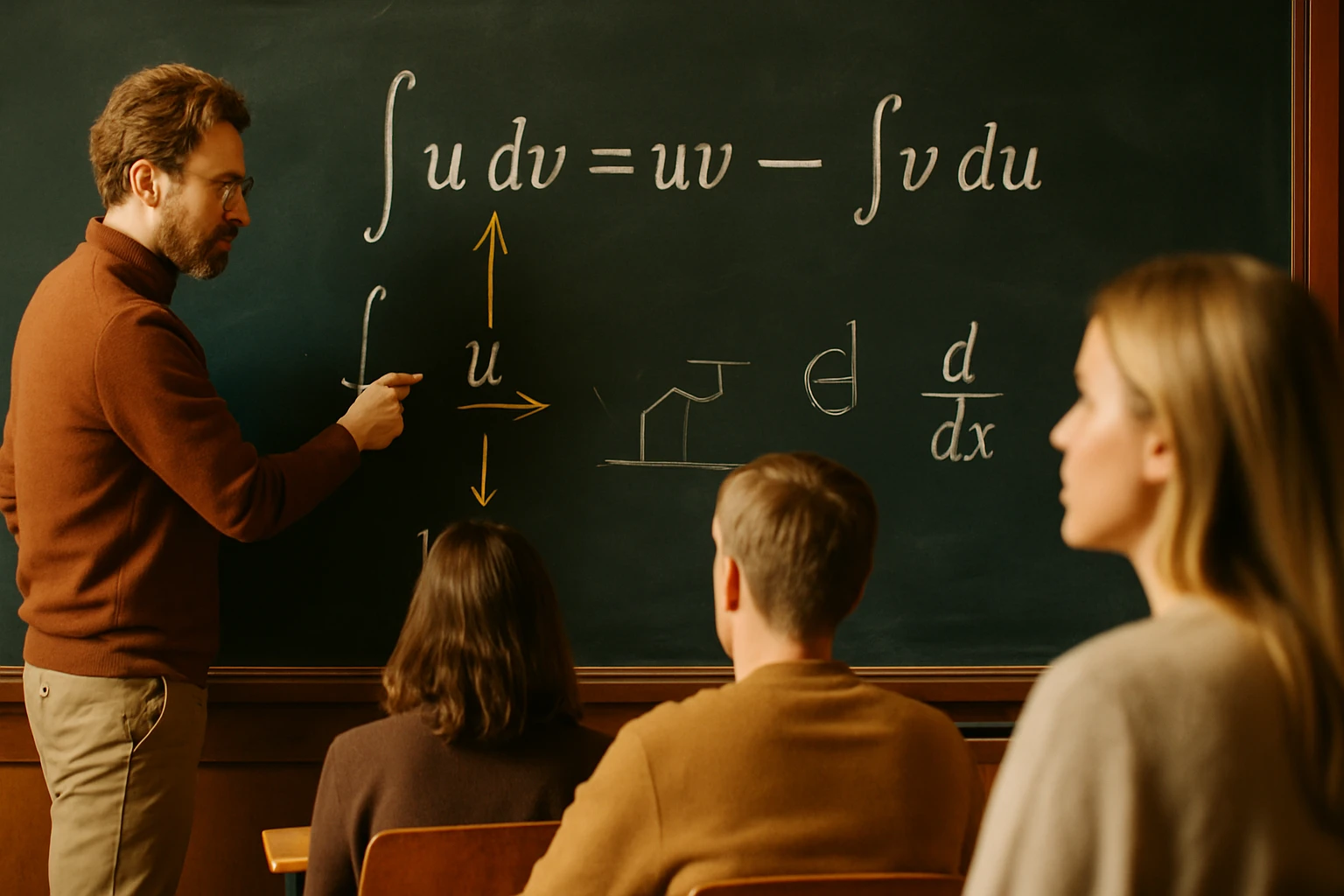 Egy tanár a táblán integrálási szabályokat magyaráz diákoknak.
