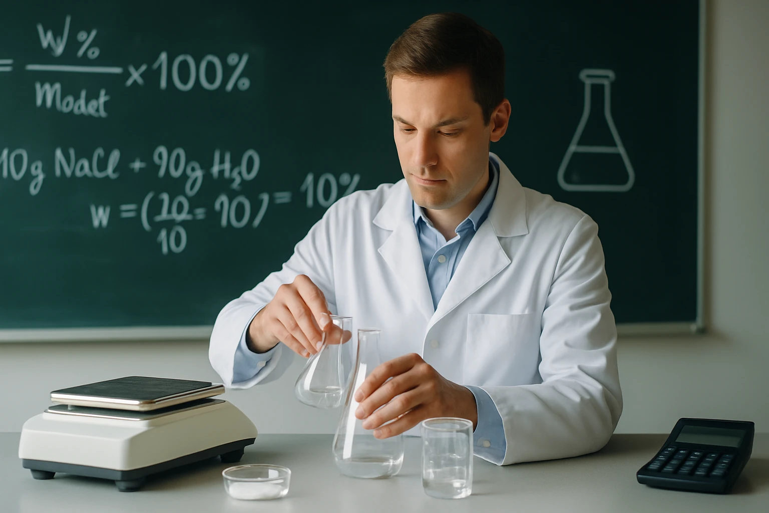 Egy férfi laboratóriumi köpenyben kémcsöveket mér és kever.