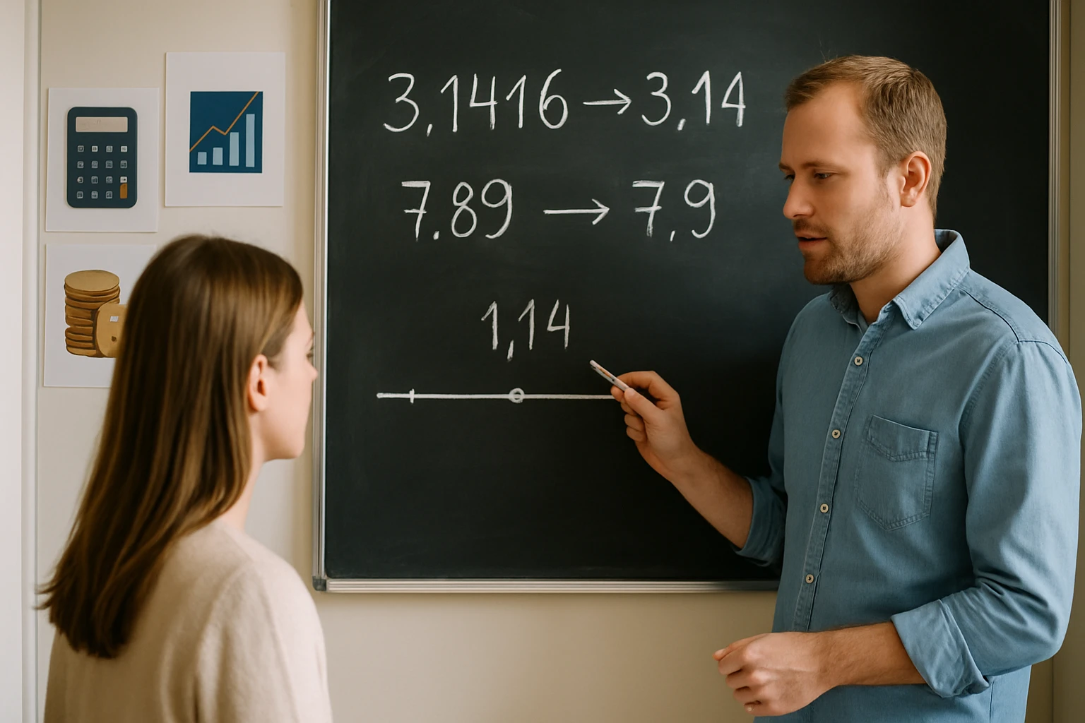 Egy tanár és diák a táblánál, kerekítési példákat magyaráznak.