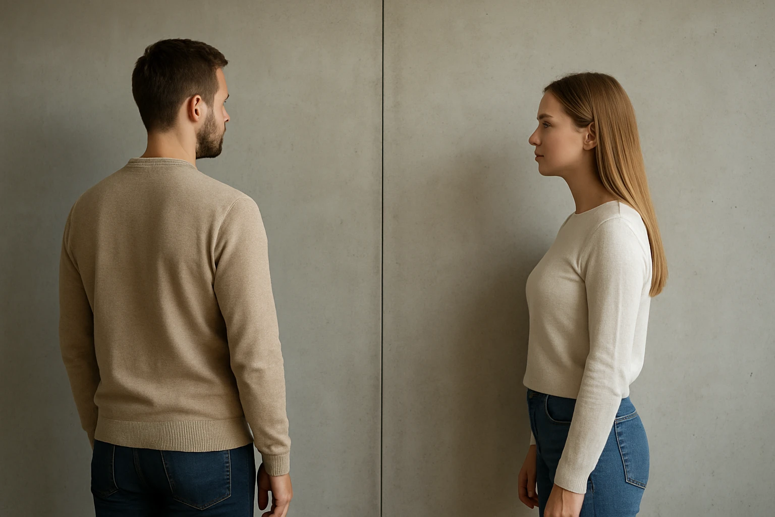 Két fiatal felnőtt áll egymással szemben, háttal a falnak.