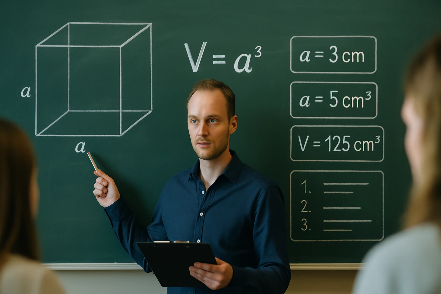 Egy tanár a táblán a köbös térfogat képletét magyarázza.
