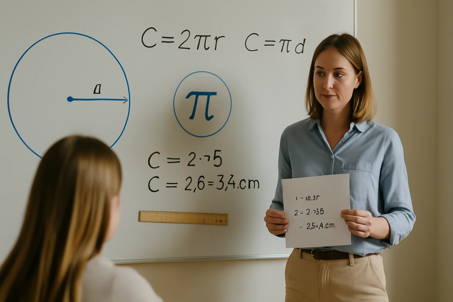 Egy tanárnő a táblánál, kör kerülete és átmérője képleteivel.