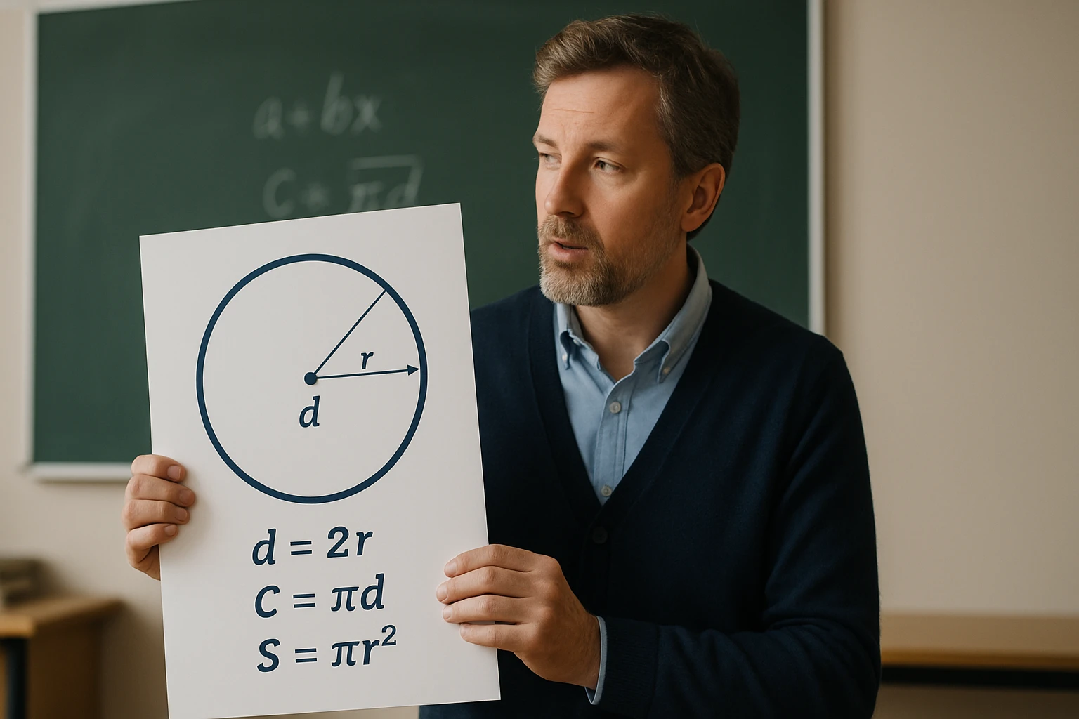 Egy tanár kör alakú diagramot mutat be, amely a kör kerületét és területét magyarázza.