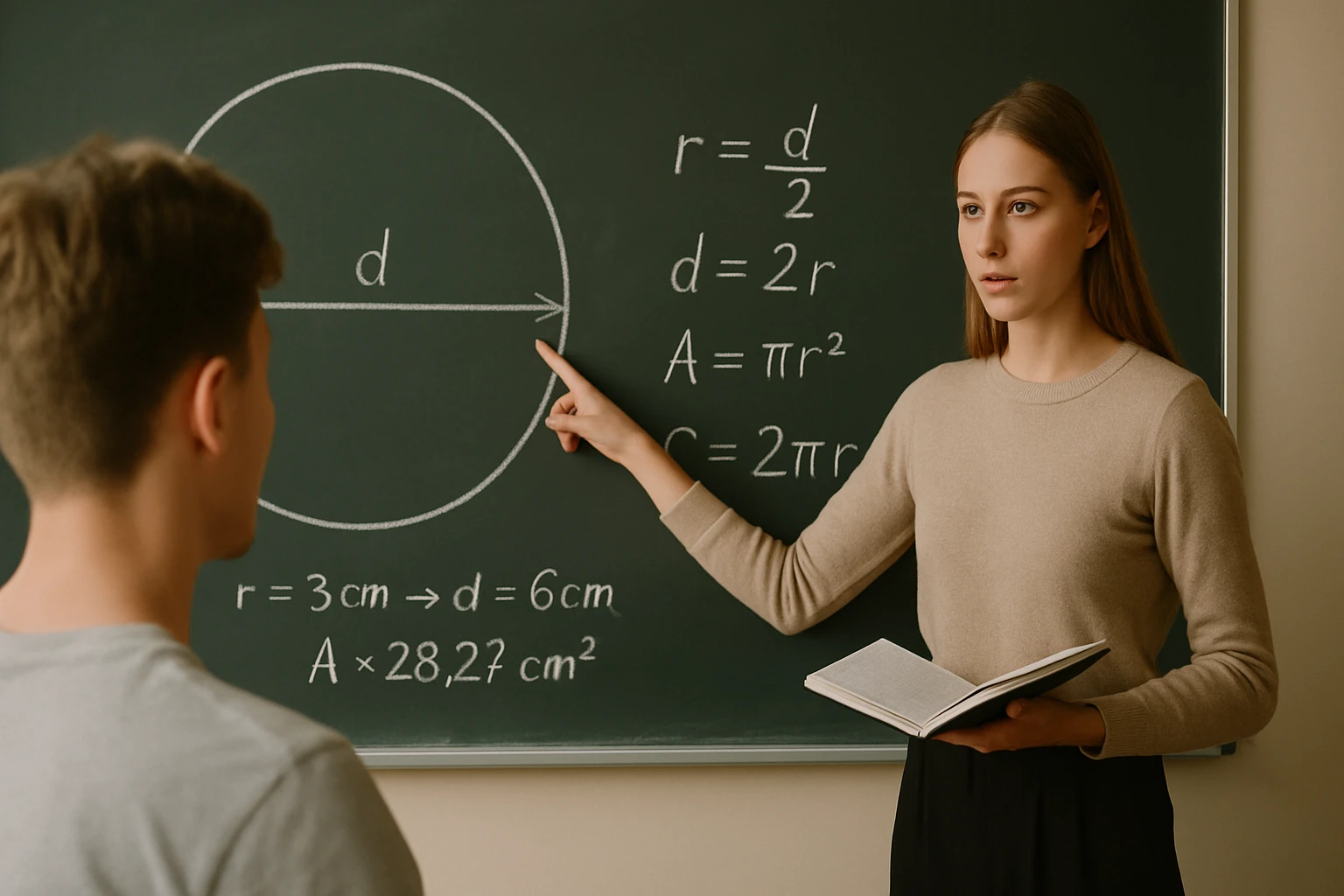 Egy tanárnő a táblán a kör területének és kerületének képleteit magyarázza.
