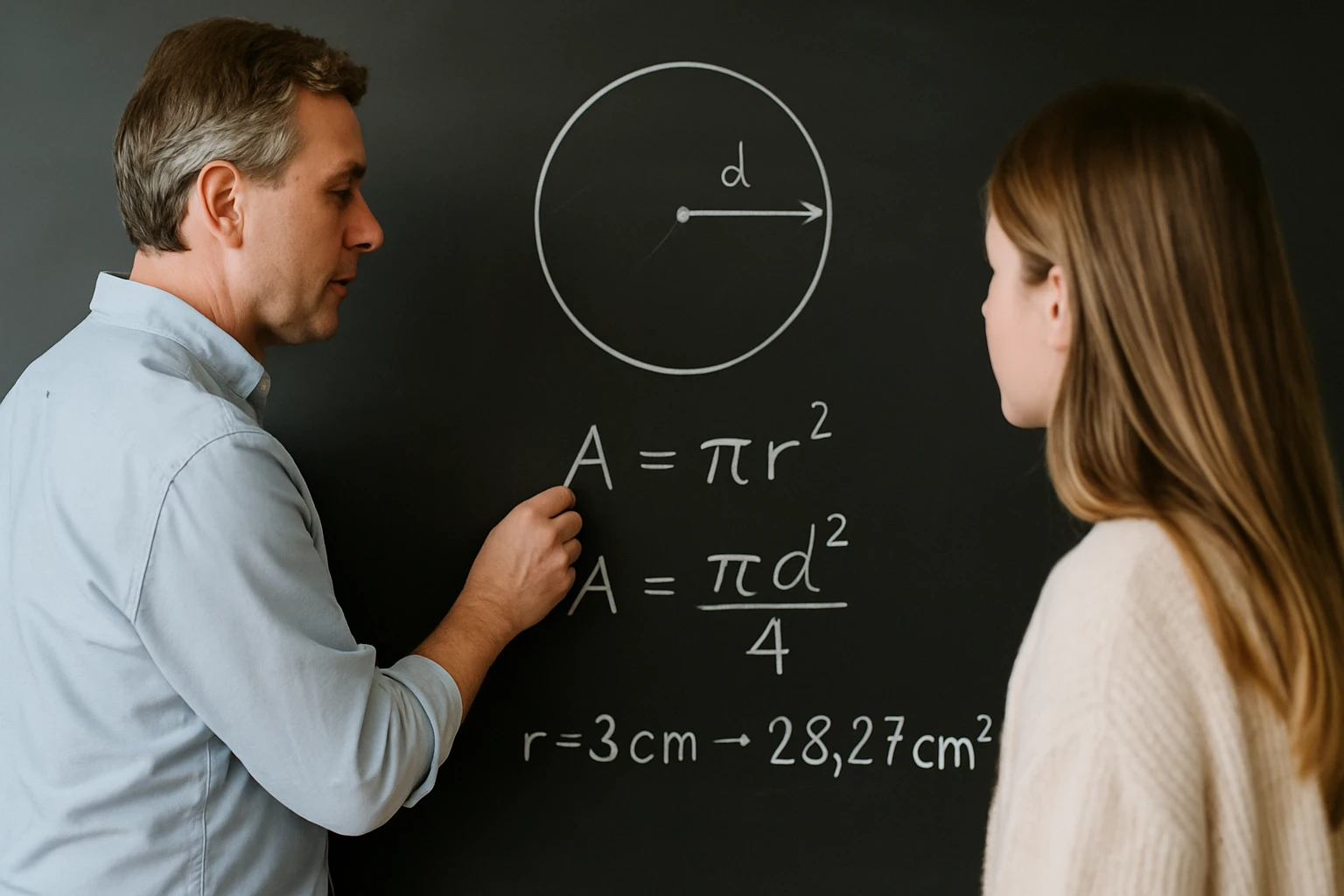 Egy tanár a táblán a kör területének képletét magyarázza egy diáknak.