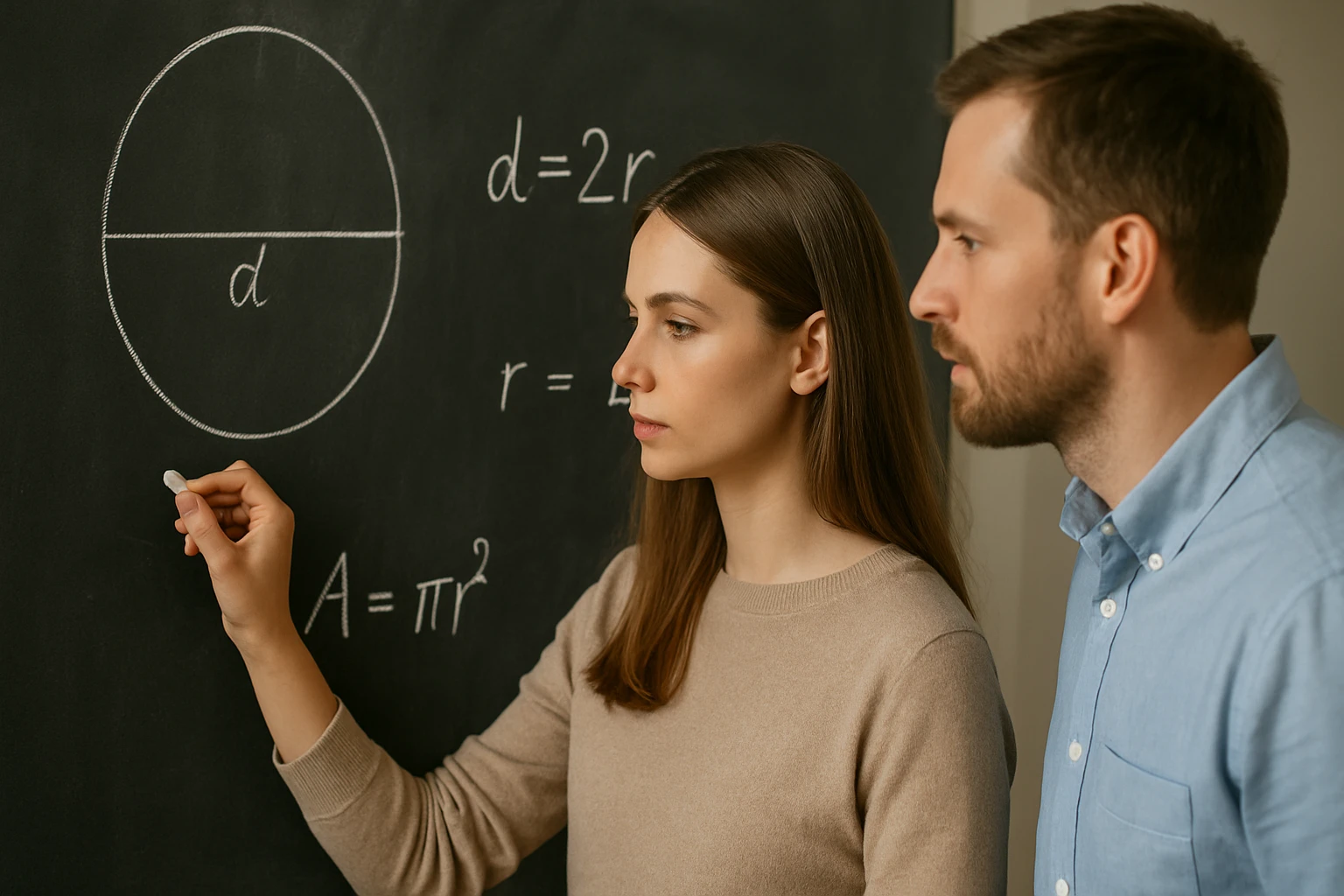 Egy nő a táblán kör területét és kerületét számolja, férfi figyeli.