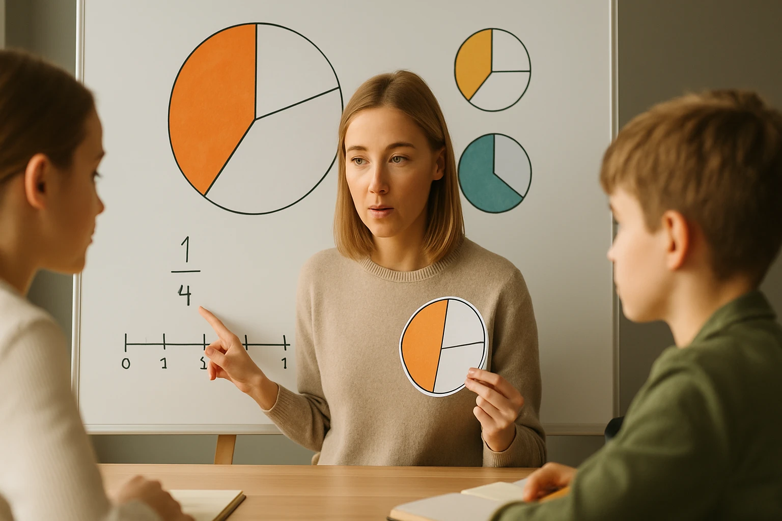 Egy tanár diákoknak magyaráz a kördiagramokról és a tört számokról.