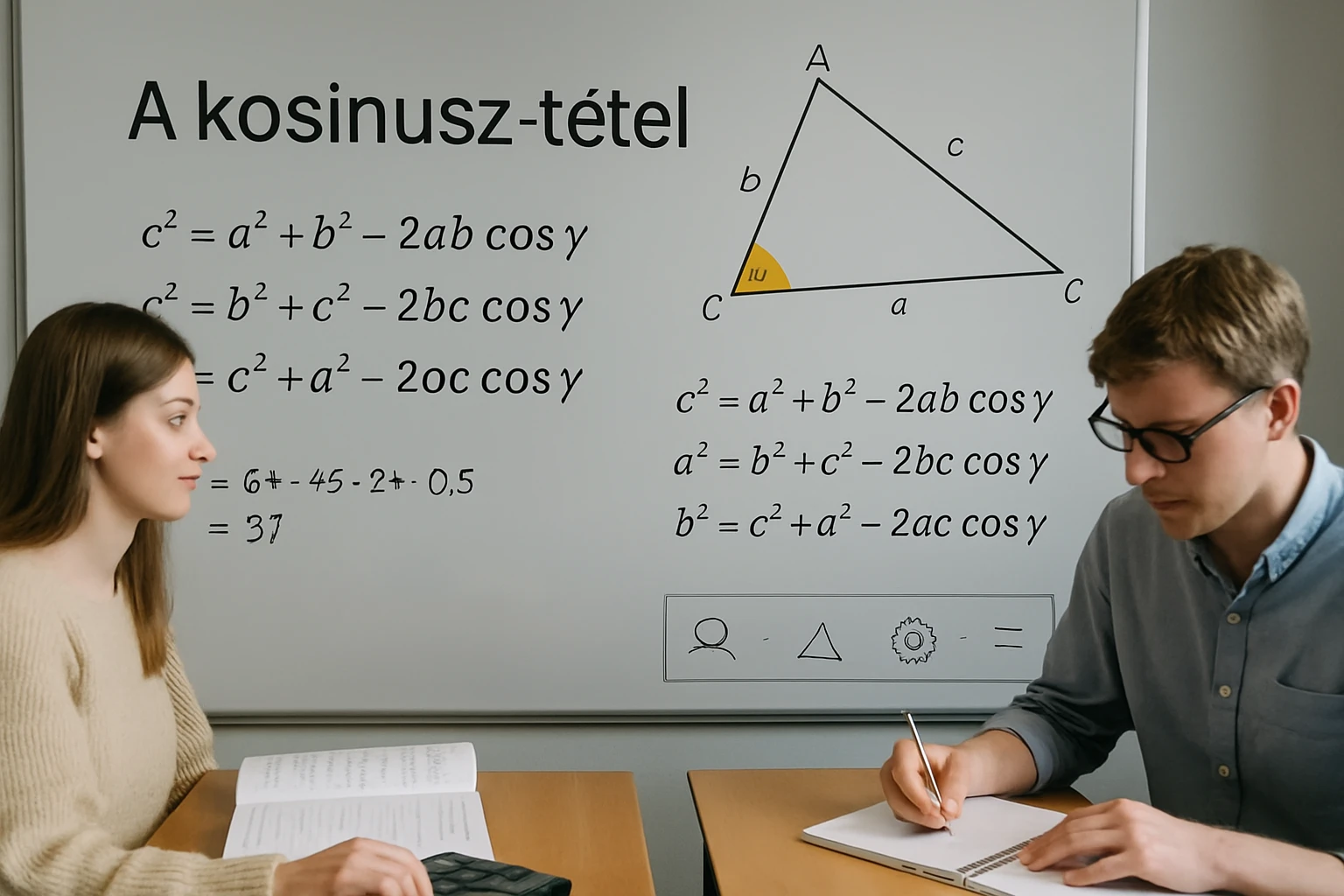 Két diák a kosinusz-tételt tanulmányozza, táblán képletek láthatók.