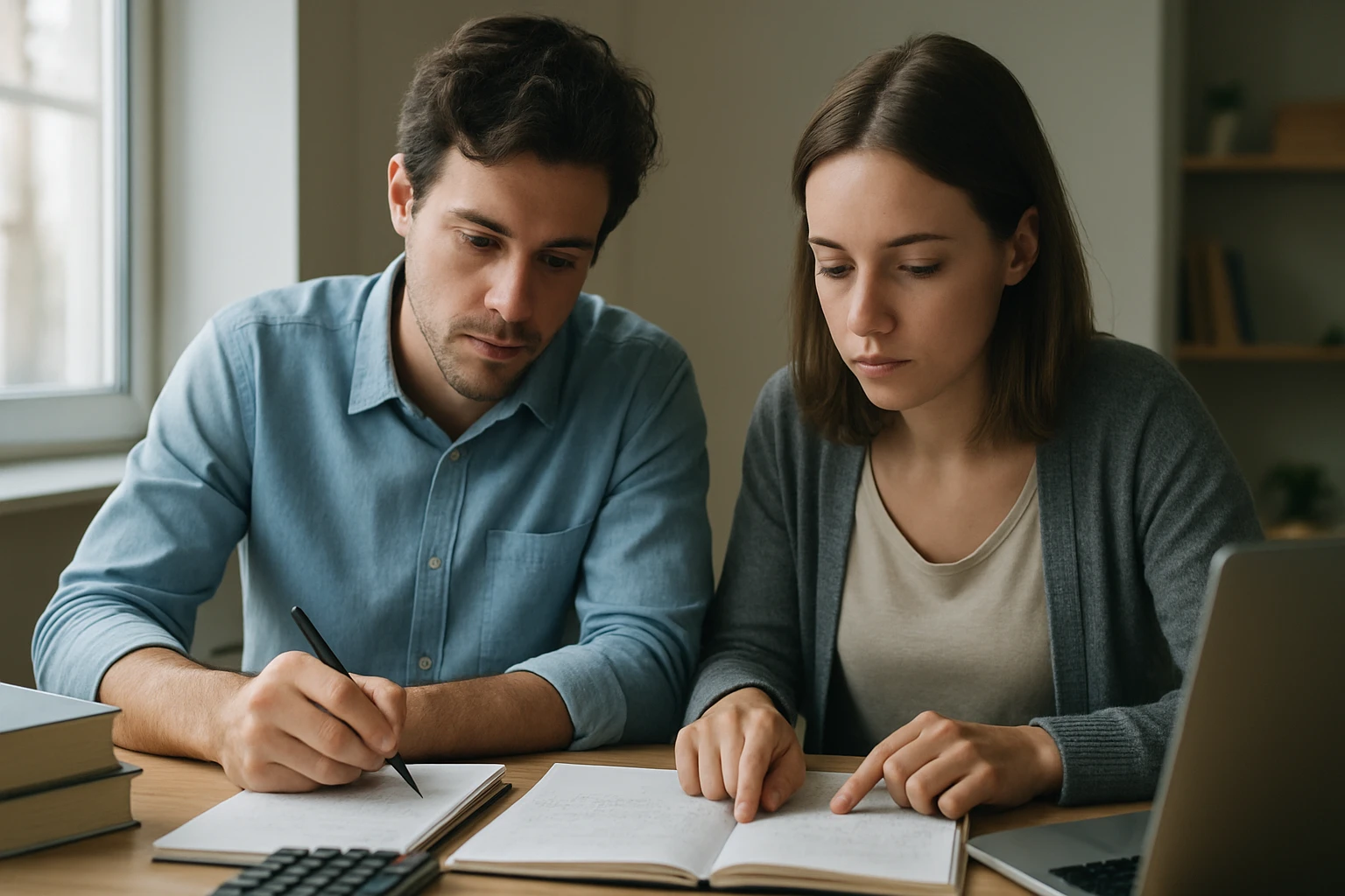 Két fiatal, egy férfi és egy nő, matematikai feladatokat oldanak meg közösen.