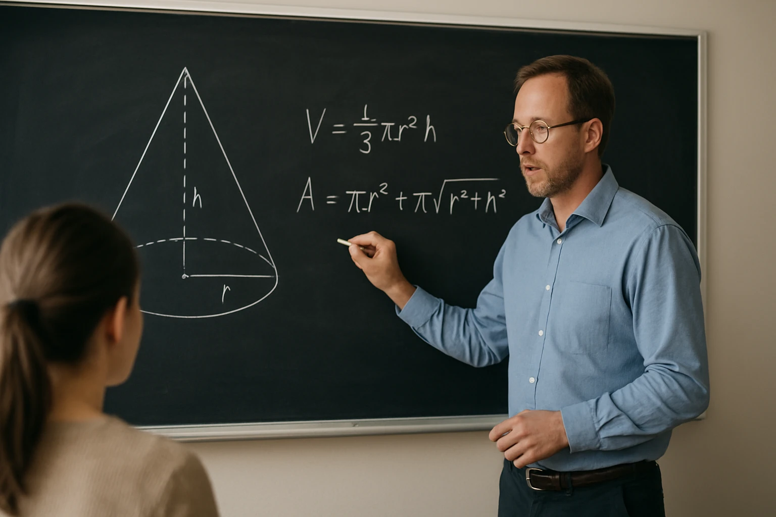 Egy tanár a táblán a kúp térfogatának és felszínének képletét magyarázza.