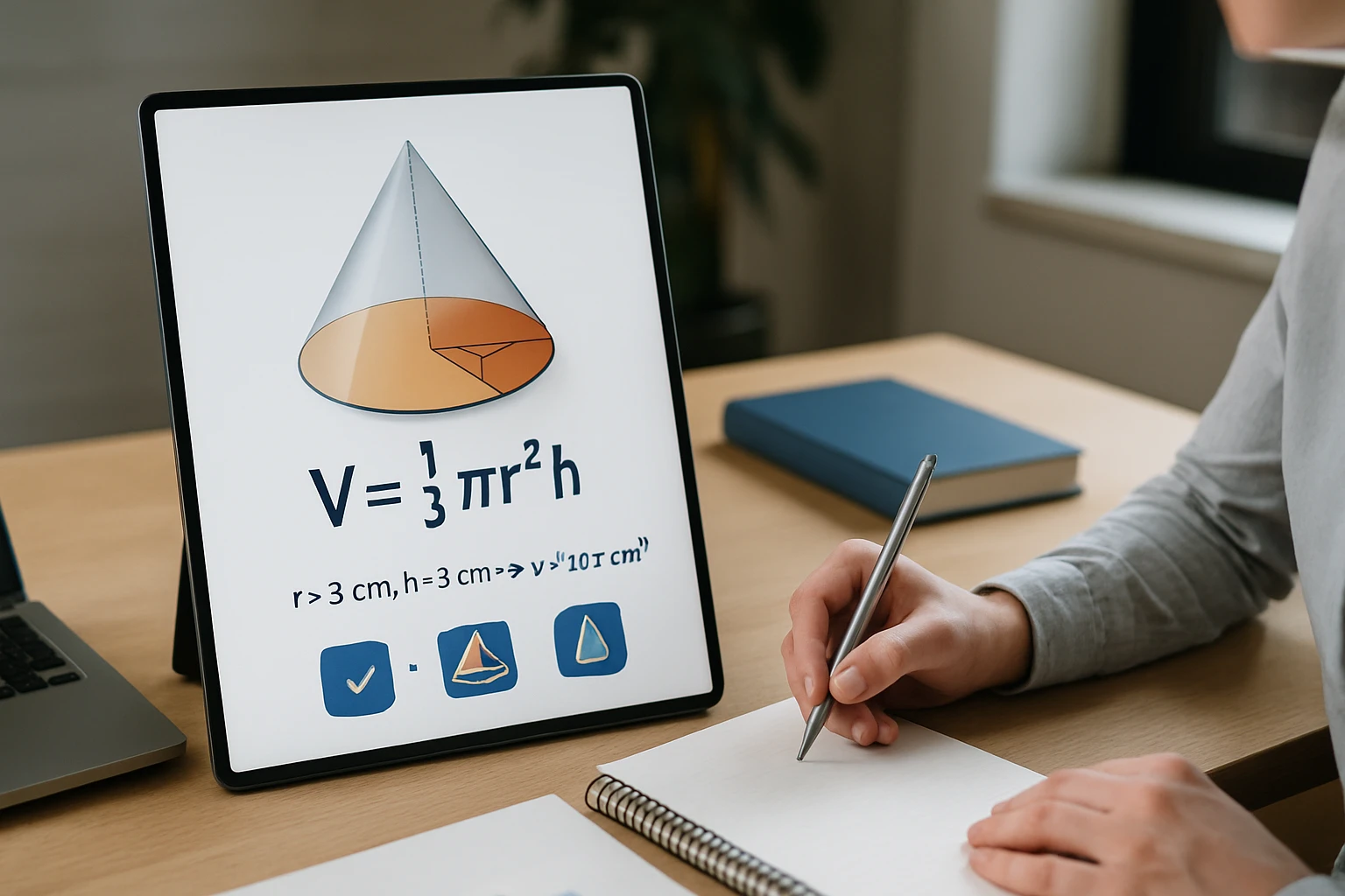 Egy diagramban a kúp térfogatának képlete látható, mellette egy diák jegyzetel.