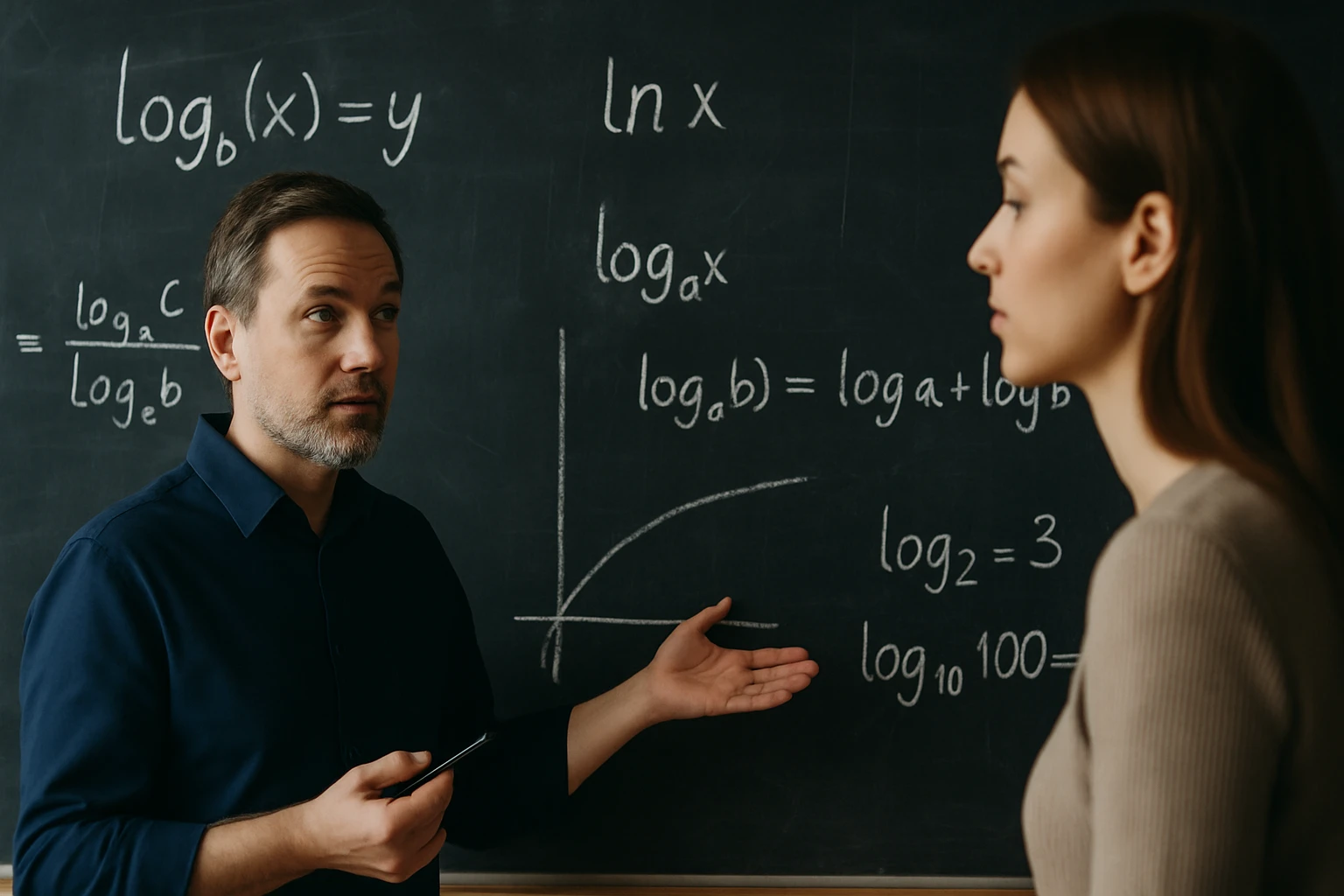 Egy férfi matematikát tanít egy nőnek, háttérben logaritmus egyenletek.
