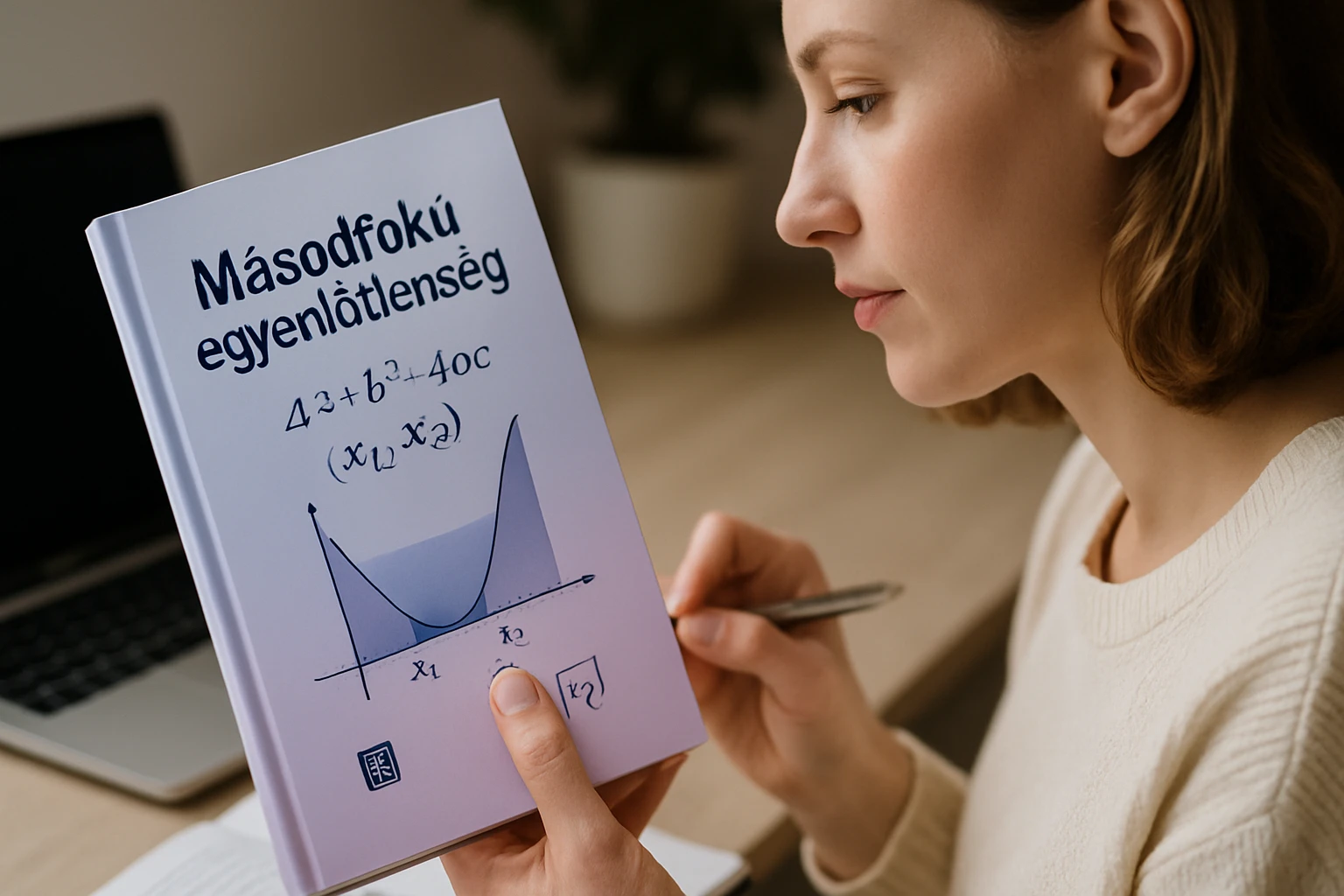 Egy nő másodfokú egyenletekkel foglalkozik, könyvet tart a kezében.
