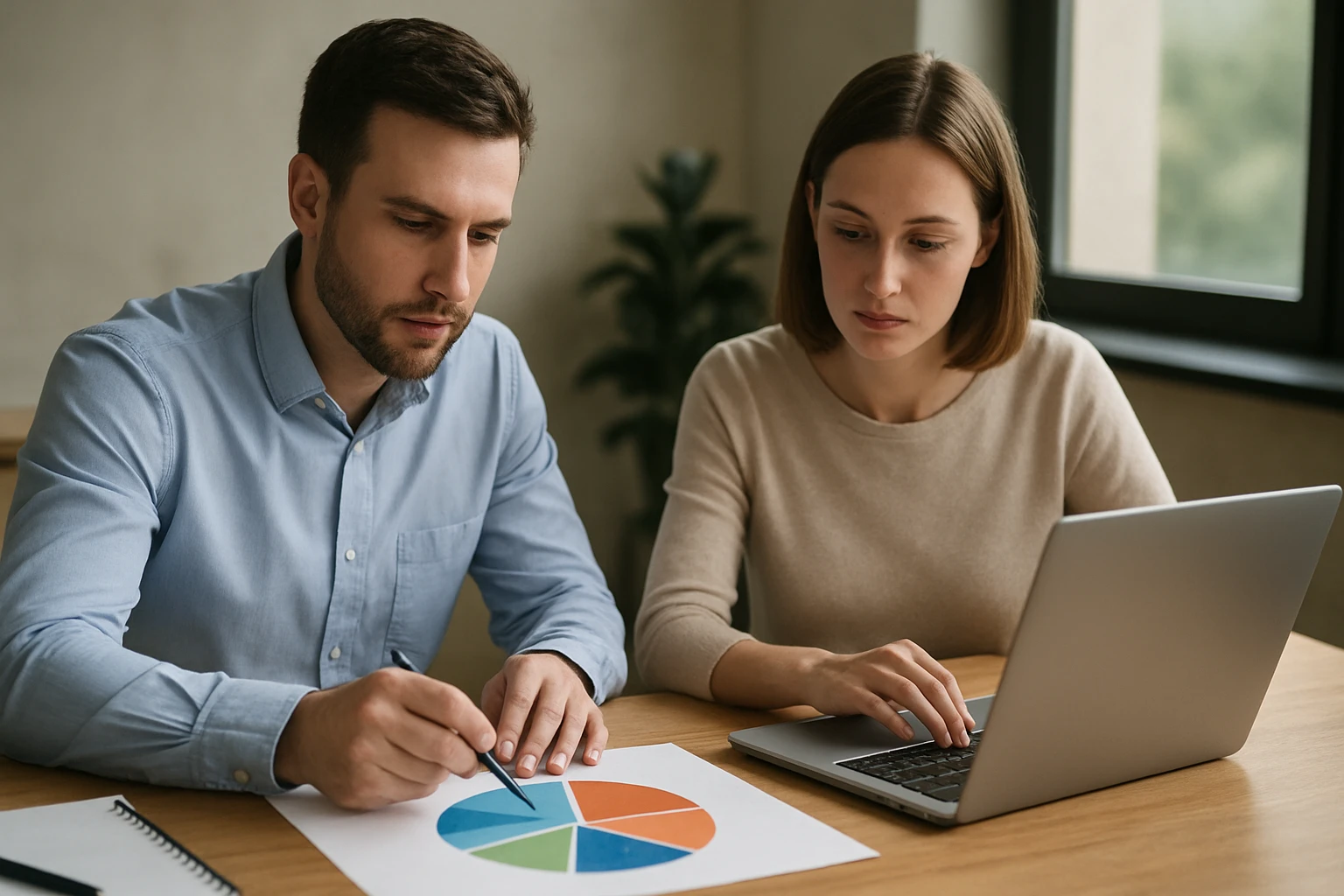 Két fiatal felnőtt egy táblázatot elemez, miközben laptopon dolgoznak.