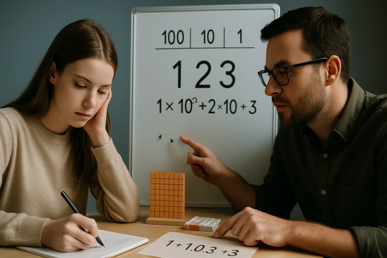 Egy fiatal nő és férfi matekfeladatot oldanak meg, táblán számokkal.